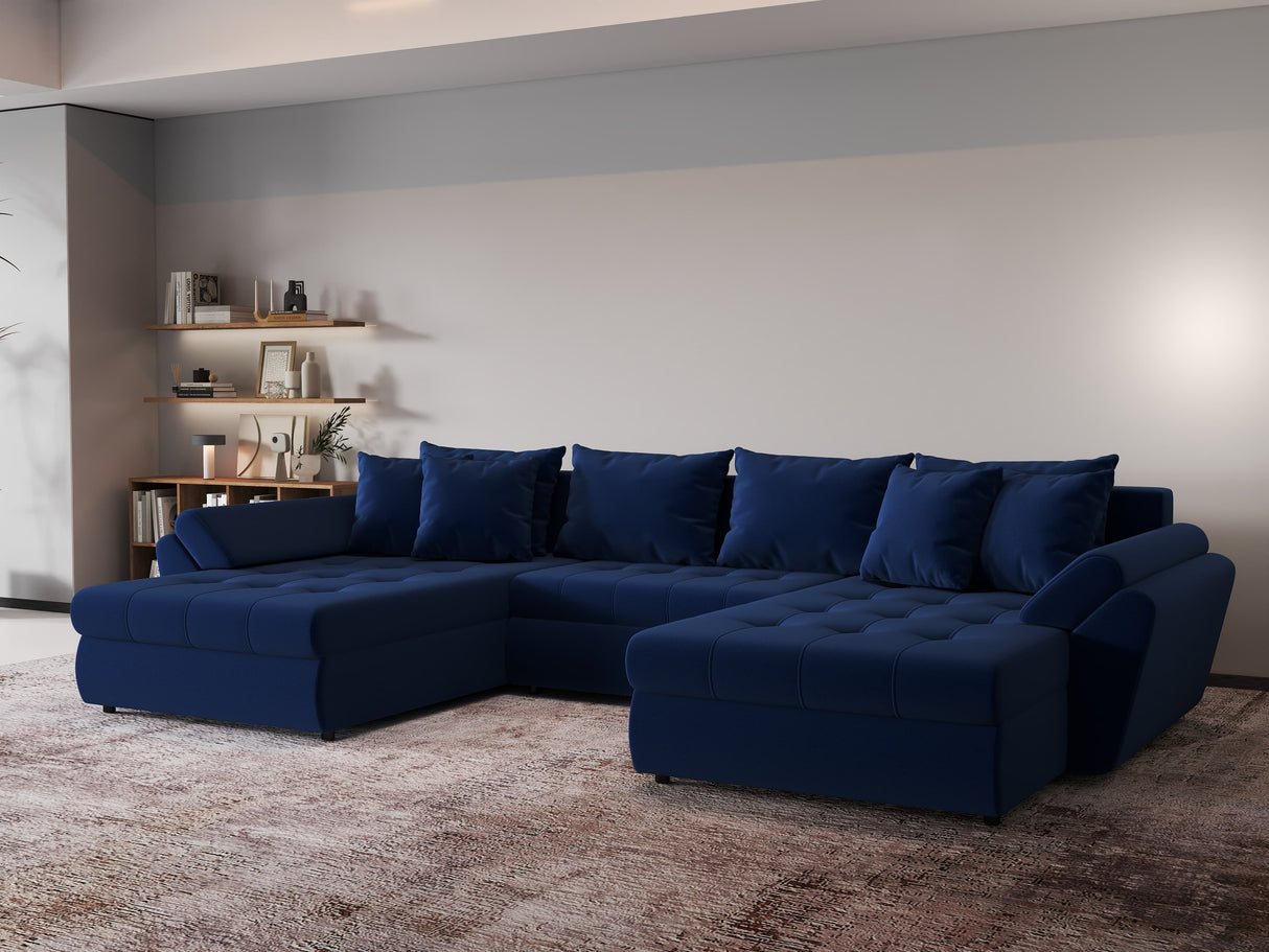 Colțar extensibil dumonde cu ladă de depozitare si sezut confortabil din spuma HR, Loana Royal Albastru U 355x185 cm Fabrica