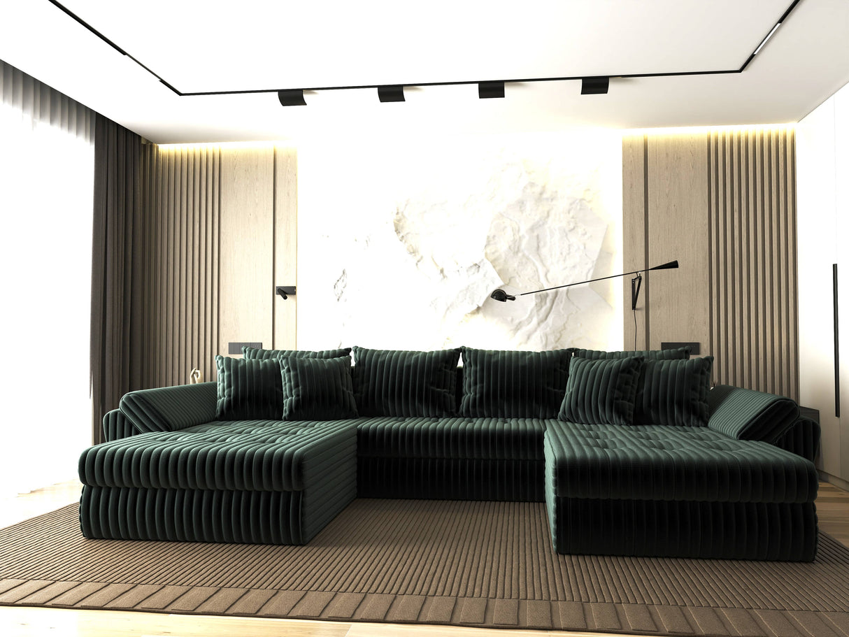 Colțar extensibil dumonde cu ladă de depozitare si sezut confortabil din spuma HR, Loana U Verde Ambience 355x185 cm Fabrica