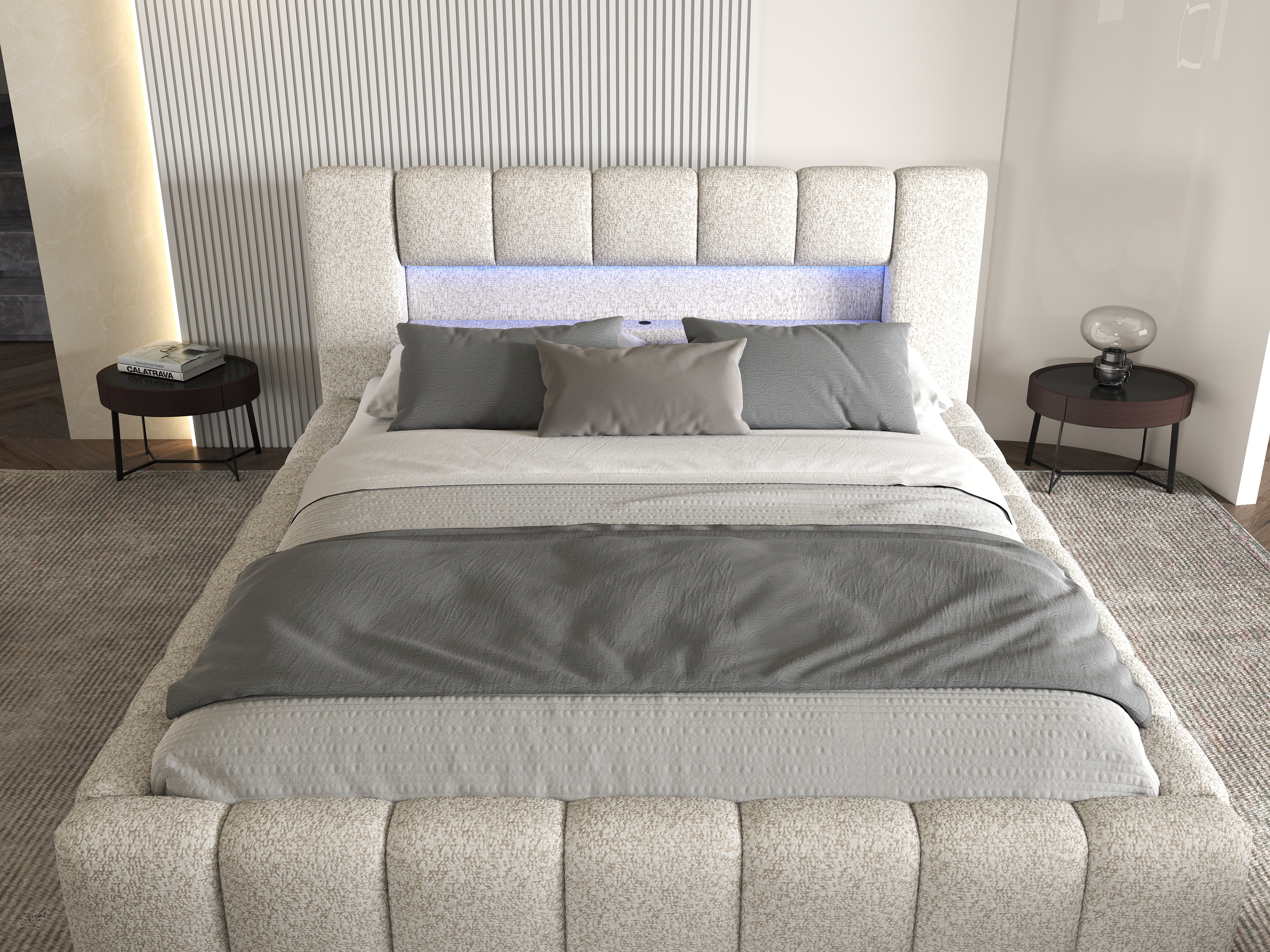 Pat dormitor dumonde, tapitat gri cu LED si USB, Palermo 160x200 cm, somiera rabatabila inclusa, spatiu depozitare