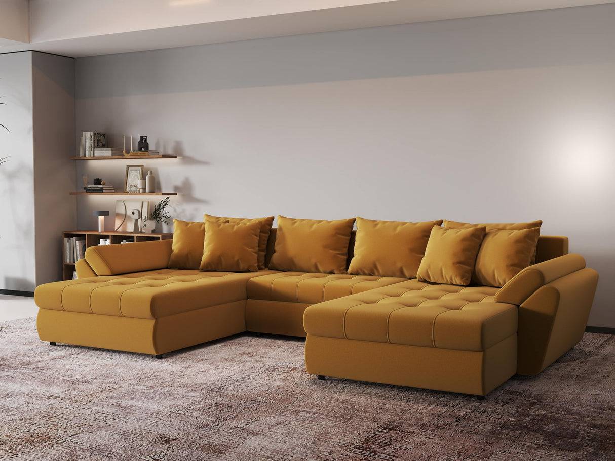 Colțar extensibil dumonde cu ladă de depozitare si sezut confortabil din spuma HR, Loana Royal Mustar U 355x185 cm Fabrica