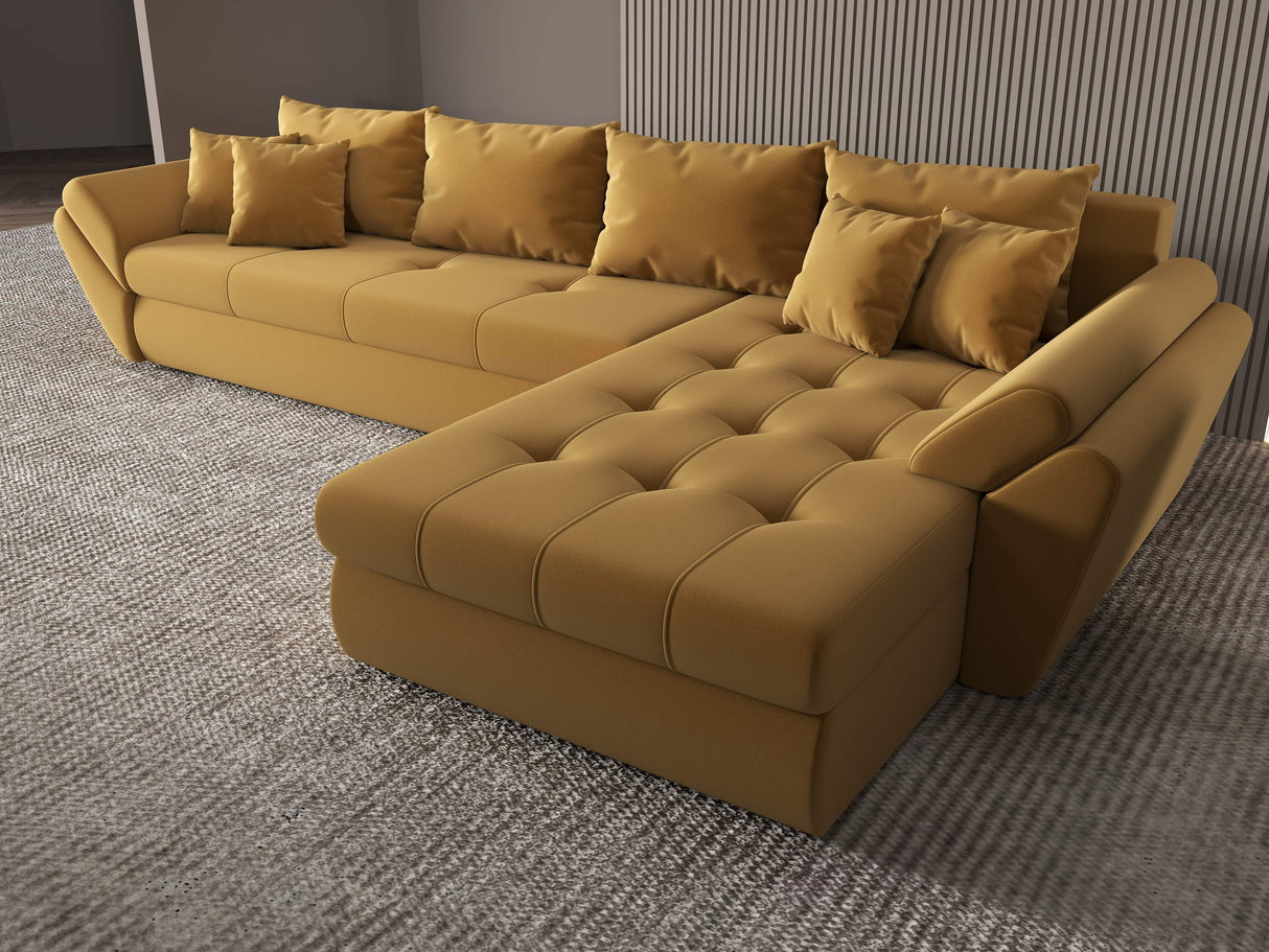 Colțar extensibil dumonde cu ladă de depozitare si sezut confortabil din spuma HR, Loana XL Royal Mustar II 335x185 cm Fabrica