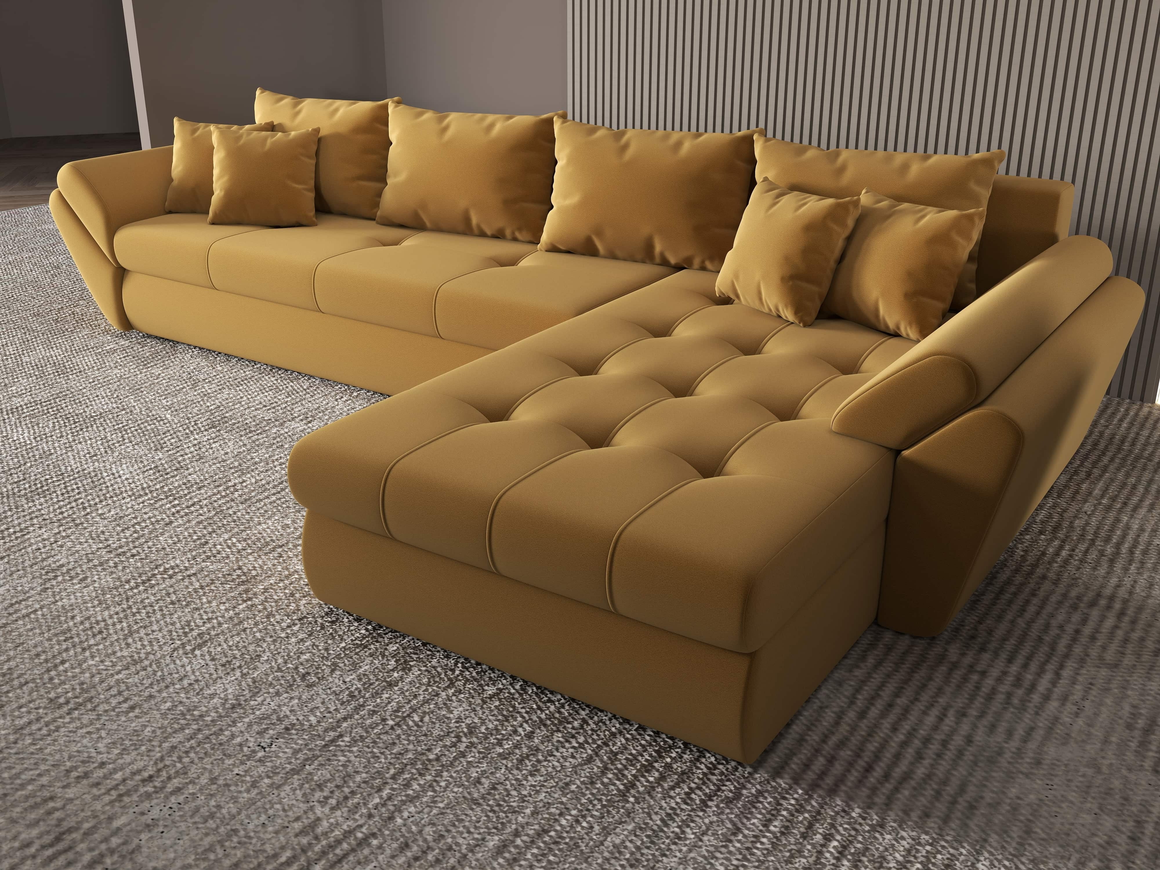 Colțar extensibil dumonde cu ladă de depozitare si sezut confortabil din spuma HR, Loana XL Royal Mustar II 335x185 cm Fabrica