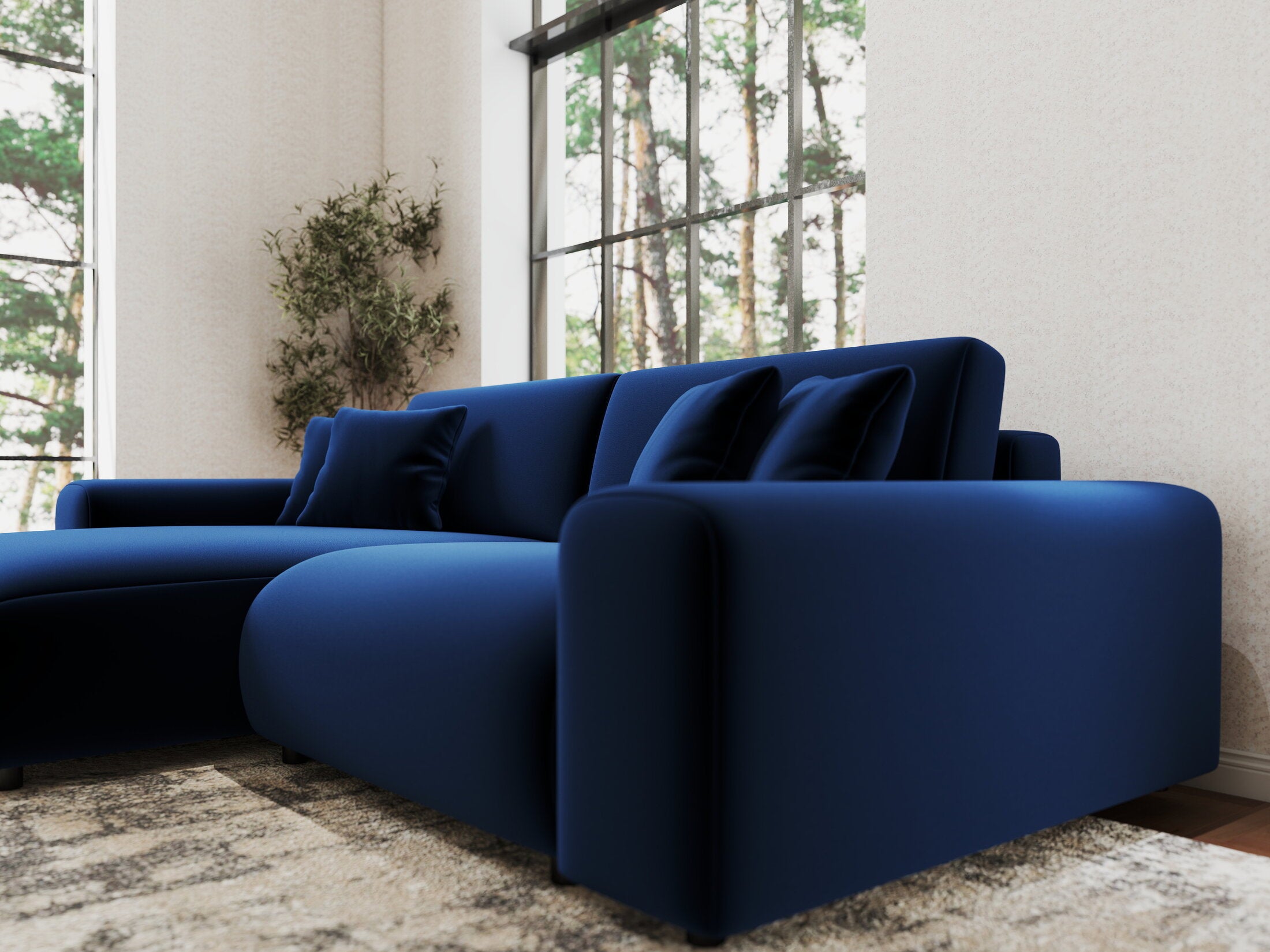 Colțar extensibil dumonde cu ladă de depozitare si sezut confortabil din spuma HR, Sarina Royal Albastru Navy 255x168 cm