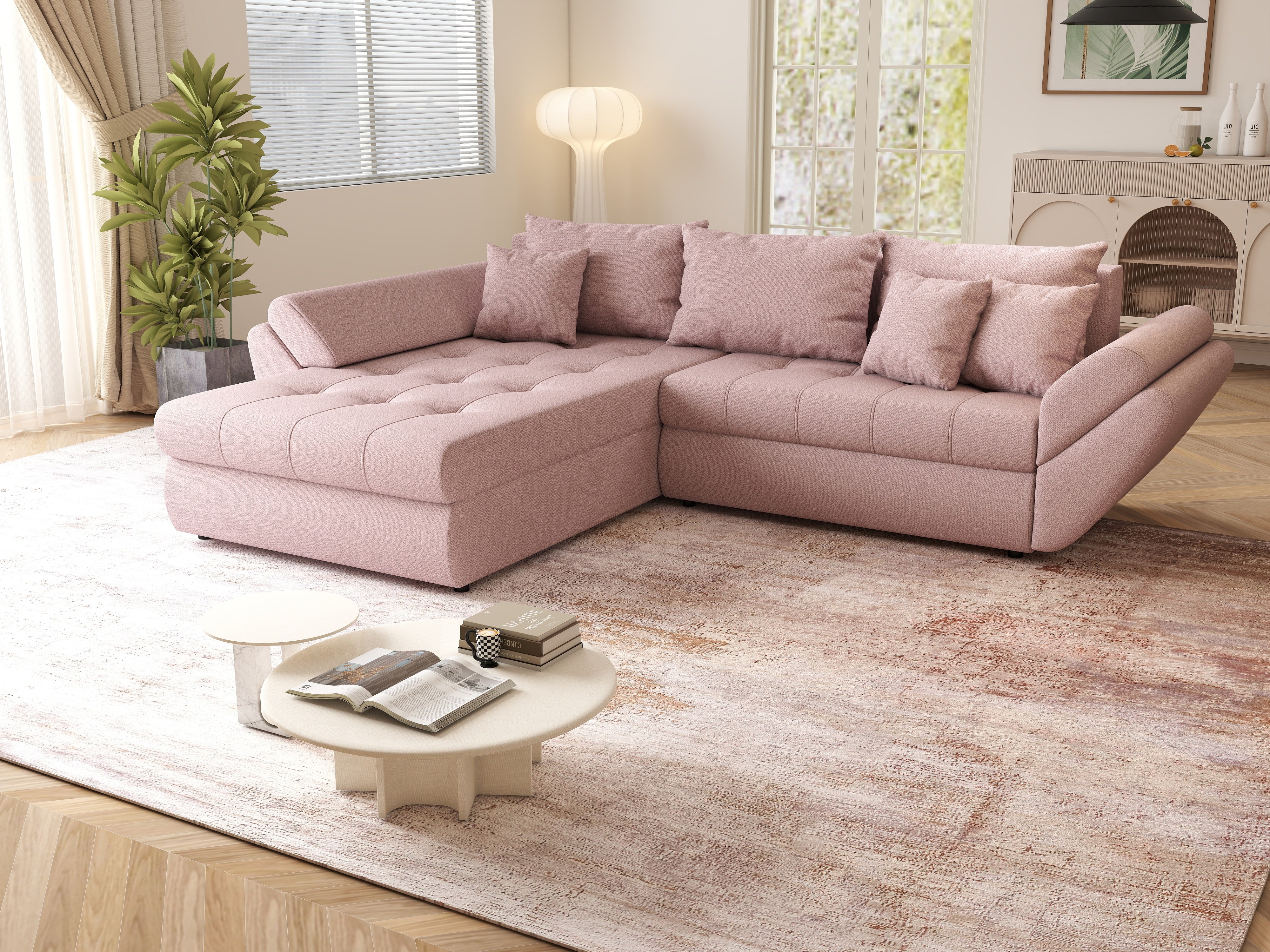 Colțar extensibil dumonde cu ladă de depozitare si sezut confortabil din spuma HR, Loana Roz 270x185 cm Fabrica