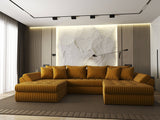 Colțar extensibil dumonde cu ladă de depozitare si sezut confortabil din spuma HR, Loana U Mustar Ambience 355x185 cm Fabrica