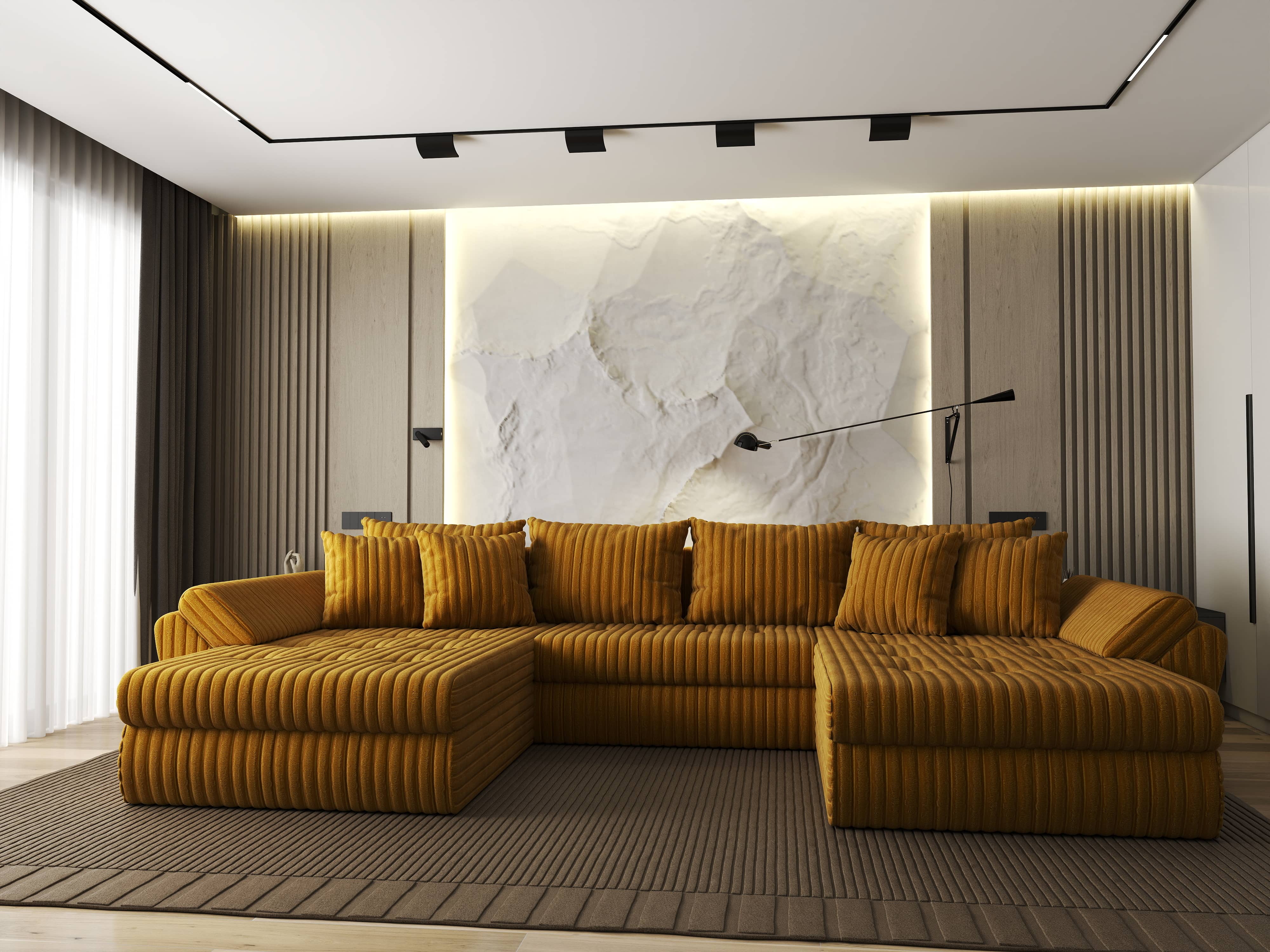 Colțar extensibil dumonde cu ladă de depozitare si sezut confortabil din spuma HR, Loana U Mustar Ambience 355x185 cm Fabrica