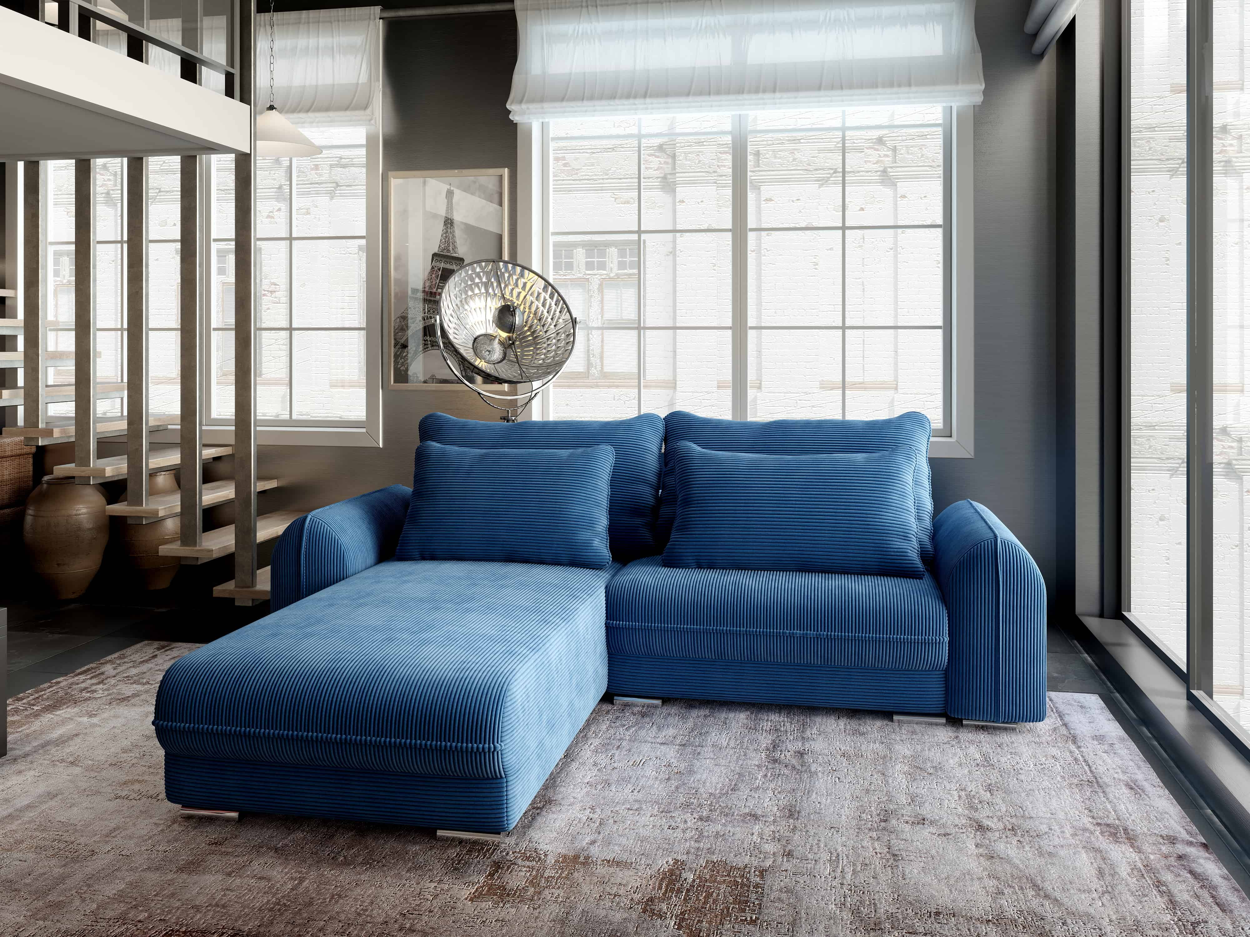 Colțar extensibil dumonde cu ladă de depozitare si sezut confortabil din spuma HR, Denver Zoom Albastru 275x185 cm Fabrica