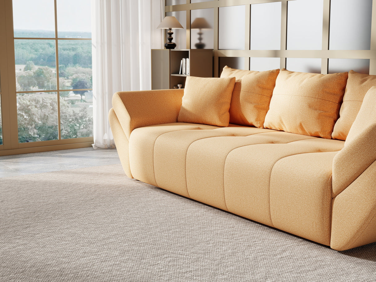 Canapea extensibilă dumonde cu ladă de depozitare si sezut confortabil din spuma HR, Berlin Mango 250x100 cm Fabrica