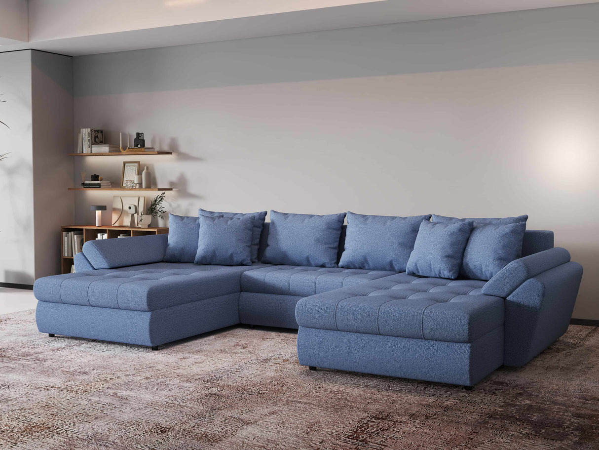Colțar extensibil  dumonde cu ladă de depozitare si sezut confortabil din spuma HR, Loana Blue U 355x185 cm Fabrica