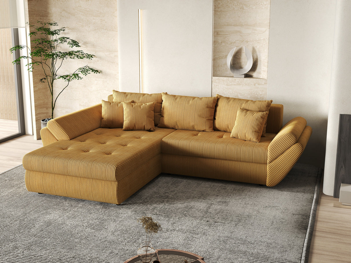Colțar extensibil dumonde cu ladă de depozitare si sezut confortabil din spuma HR, Loana Mustar Zoom 270x185 cm Fabrica