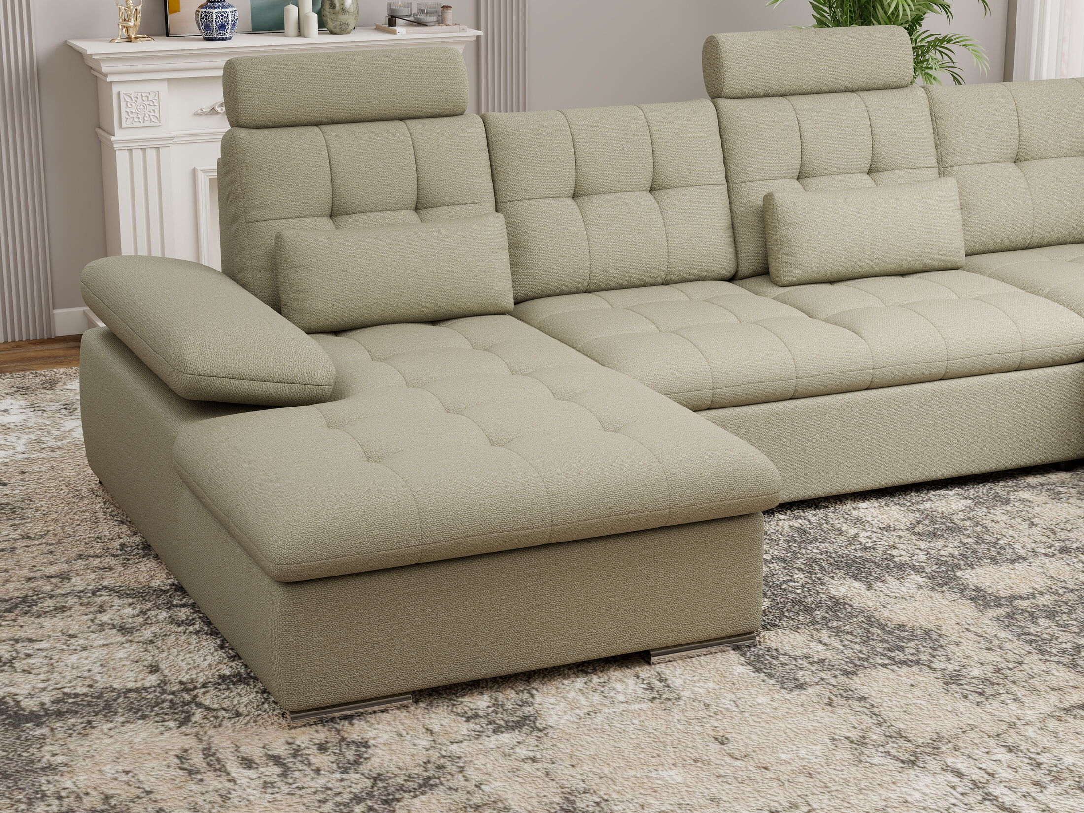 Colțar extensibil dumonde cu ladă de depozitare și șezut confortabil din spumă HR, Merkur U Enjoy Bej 324x218 cm