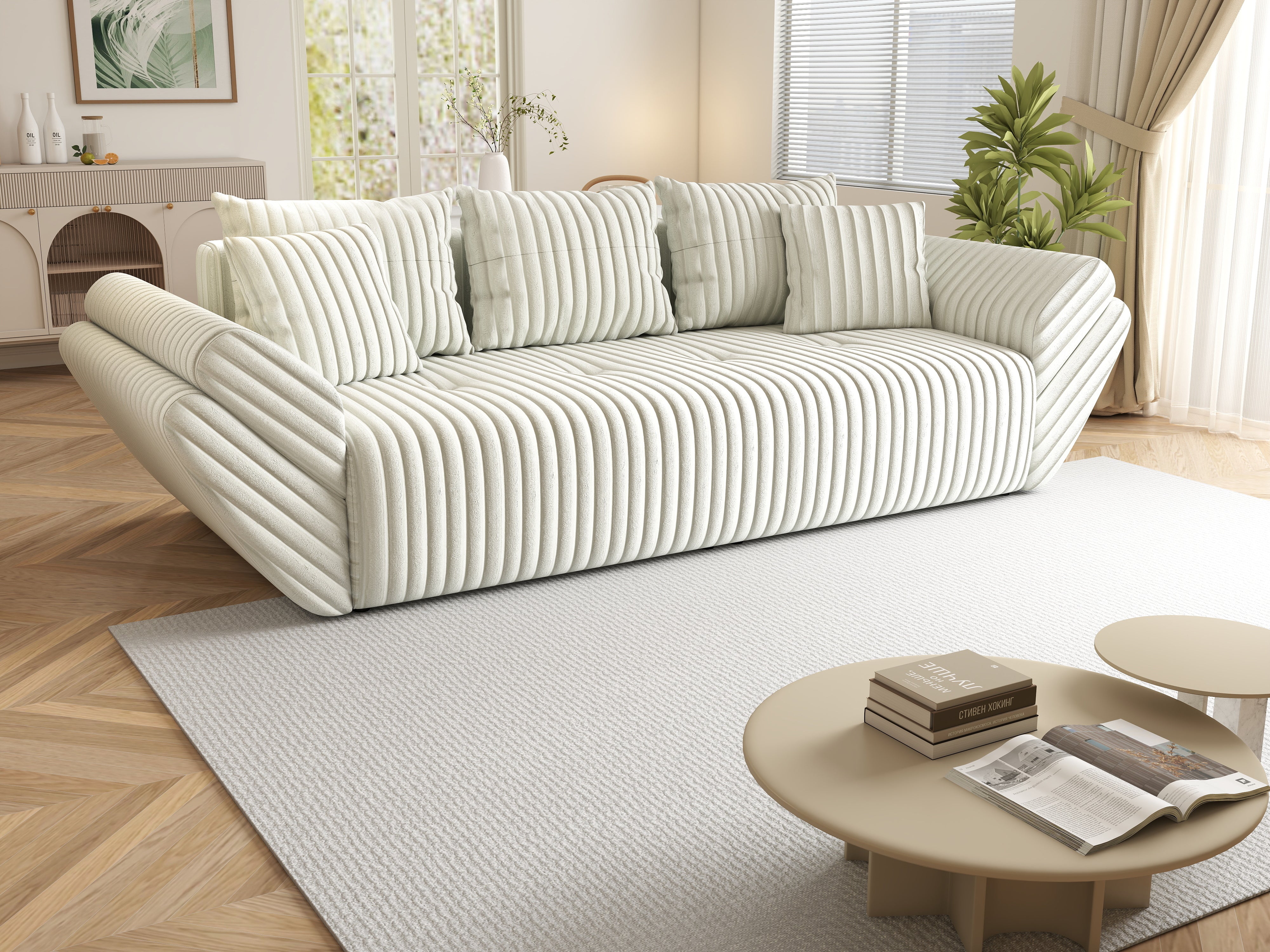 Canapea extensibilă dumonde cu ladă de depozitare si sezut confortabil din spuma HR, Berlin Ambience White 250x100 cm Fabrica