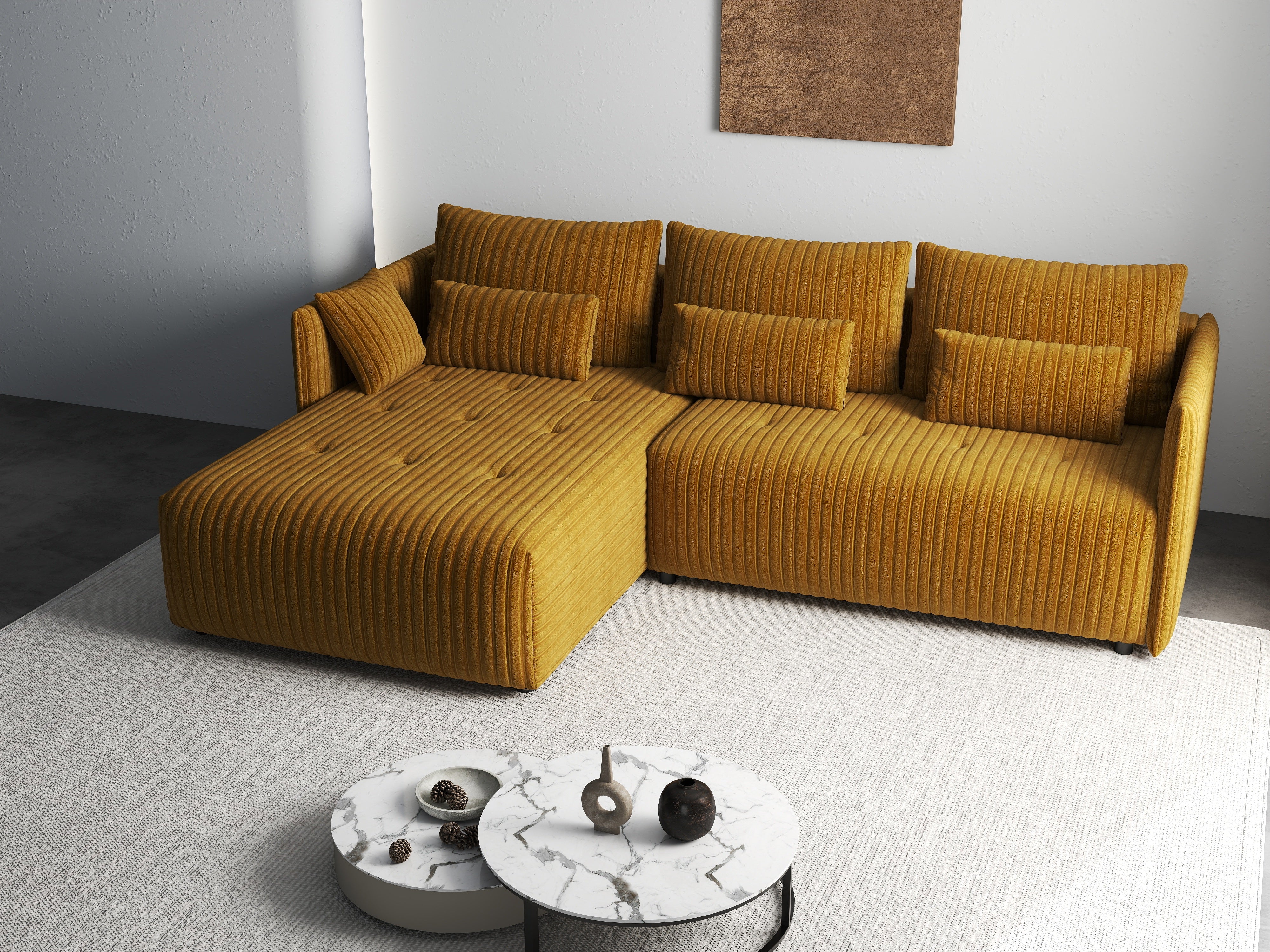 Colțar extensibil dumonde cu ladă de depozitare si sezut confortabil din spuma HR, Malta Ambience Mustard 235x185 cm Fabrica