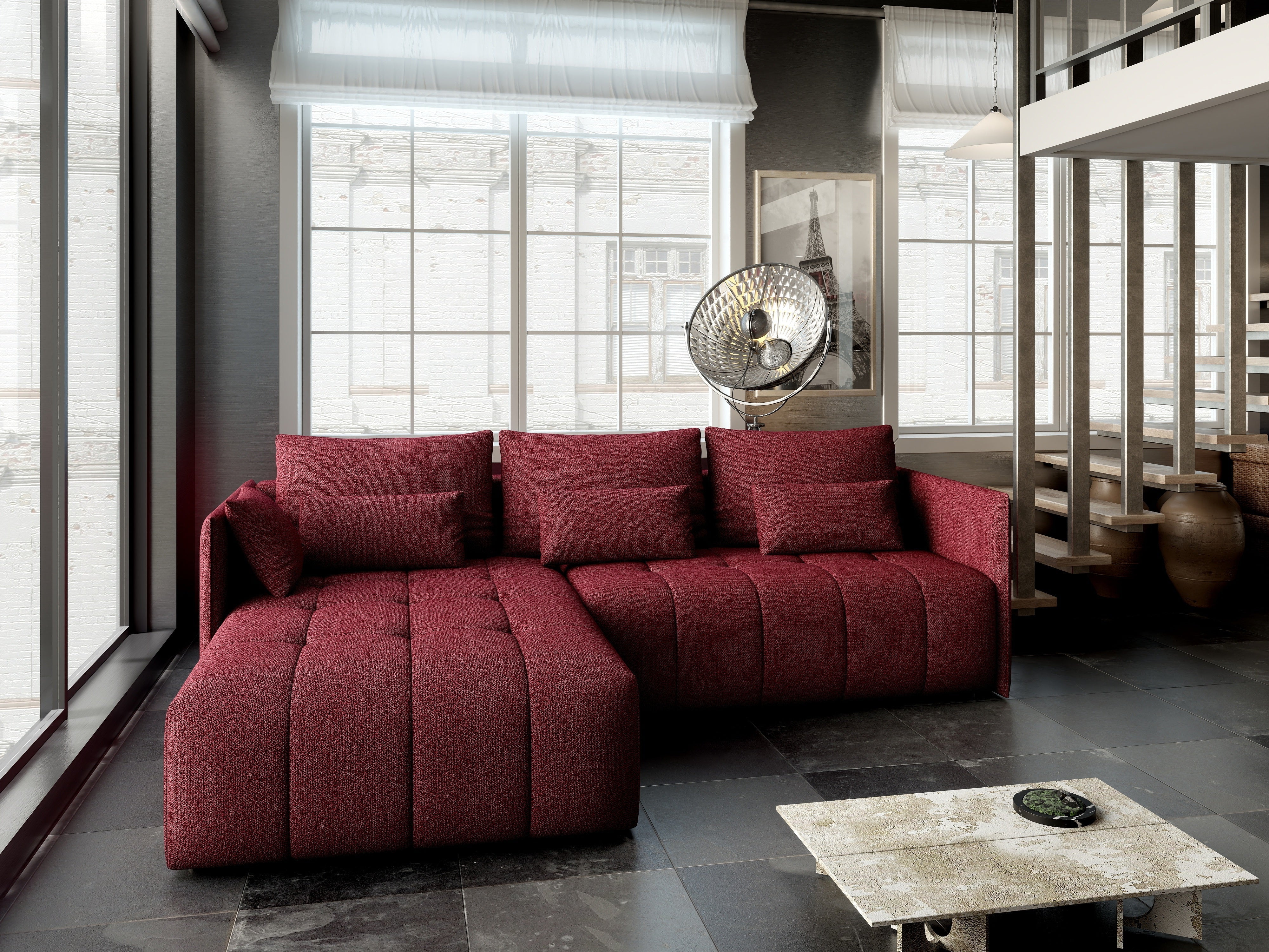 Colțar extensibil dumonde cu ladă de depozitare si sezut confortabil din spuma HR, Malta Bordoux 235x185 cm Fabrica