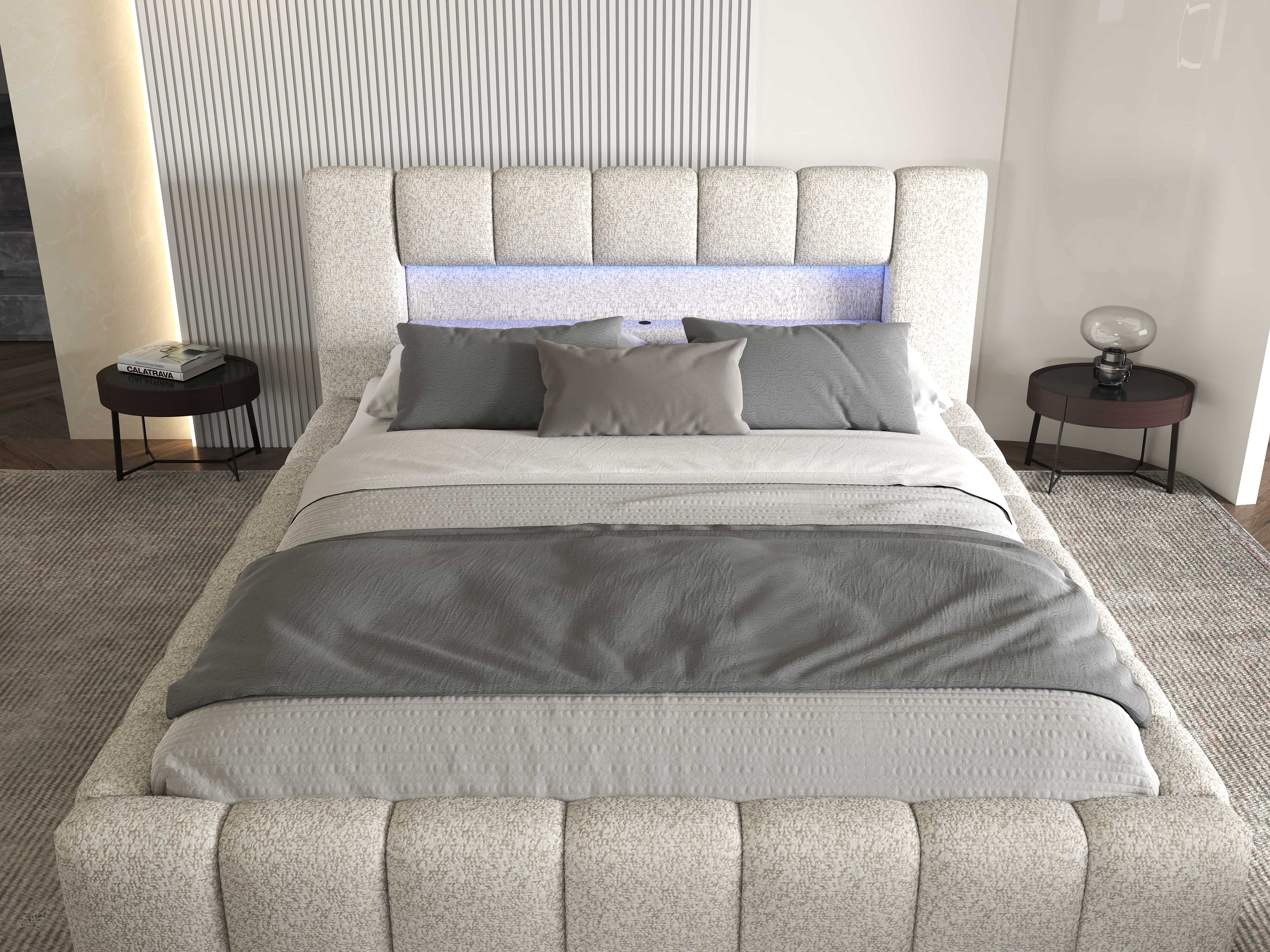 Pat dormitor dumonde, tapitat alb cu LED si USB, Palermo 180x200 cm, somiera rabatabila inclusa, spatiu depozitare