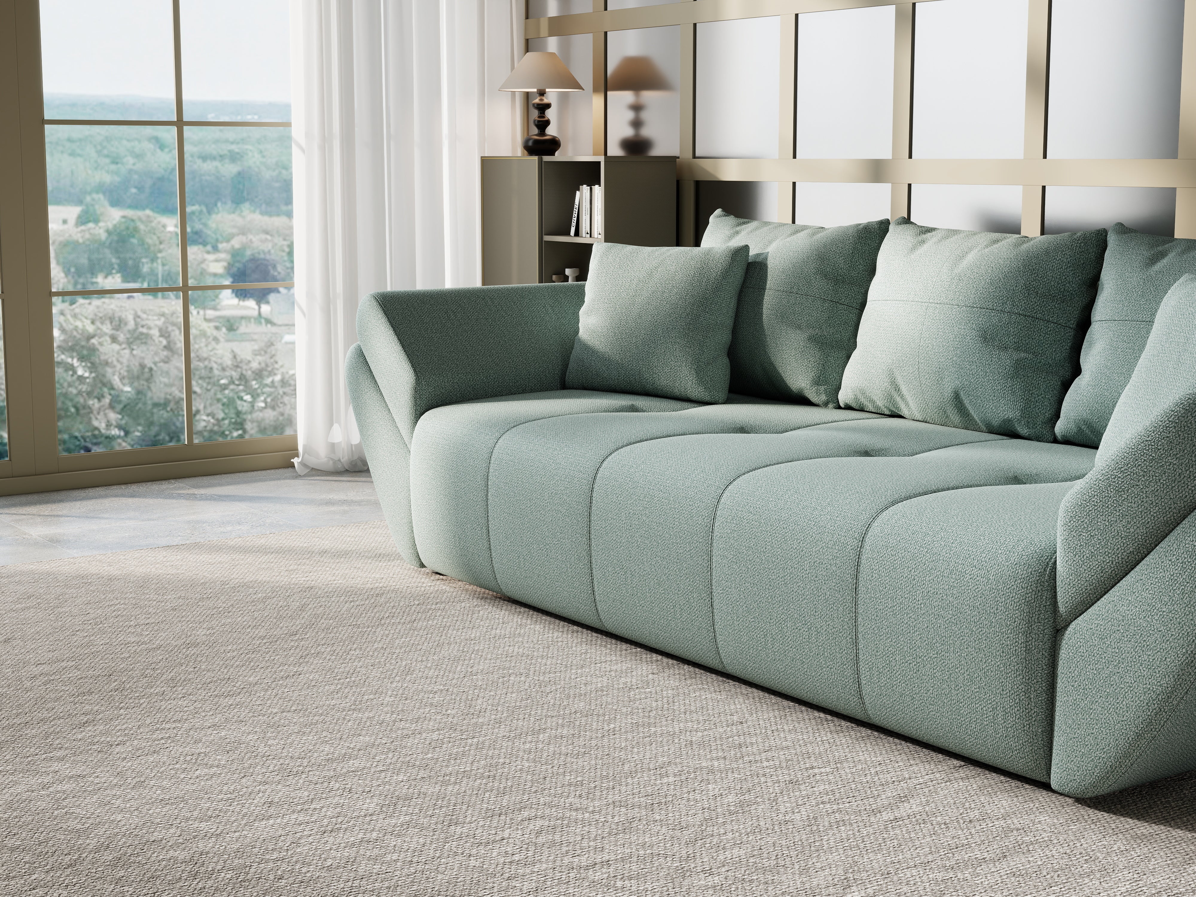 Canapea extensibilă dumonde cu ladă de depozitare si sezut confortabil din spuma HR, Berlin Mint 250x100 cm Fabrica