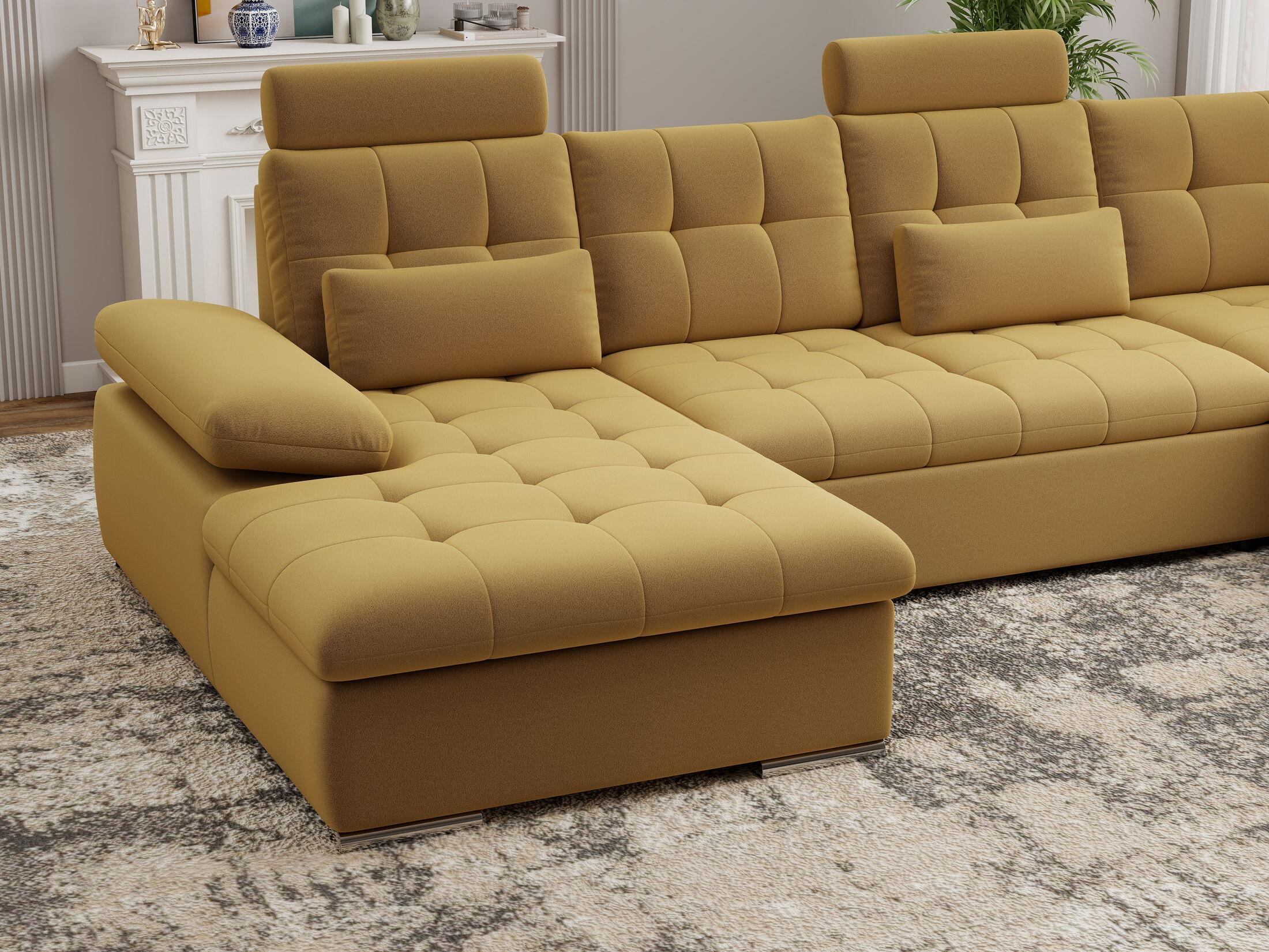 Colțar extensibil dumonde cu ladă de depozitare și șezut confortabil din spumă HR, Merkur U Royal Mustar 324x218 cm