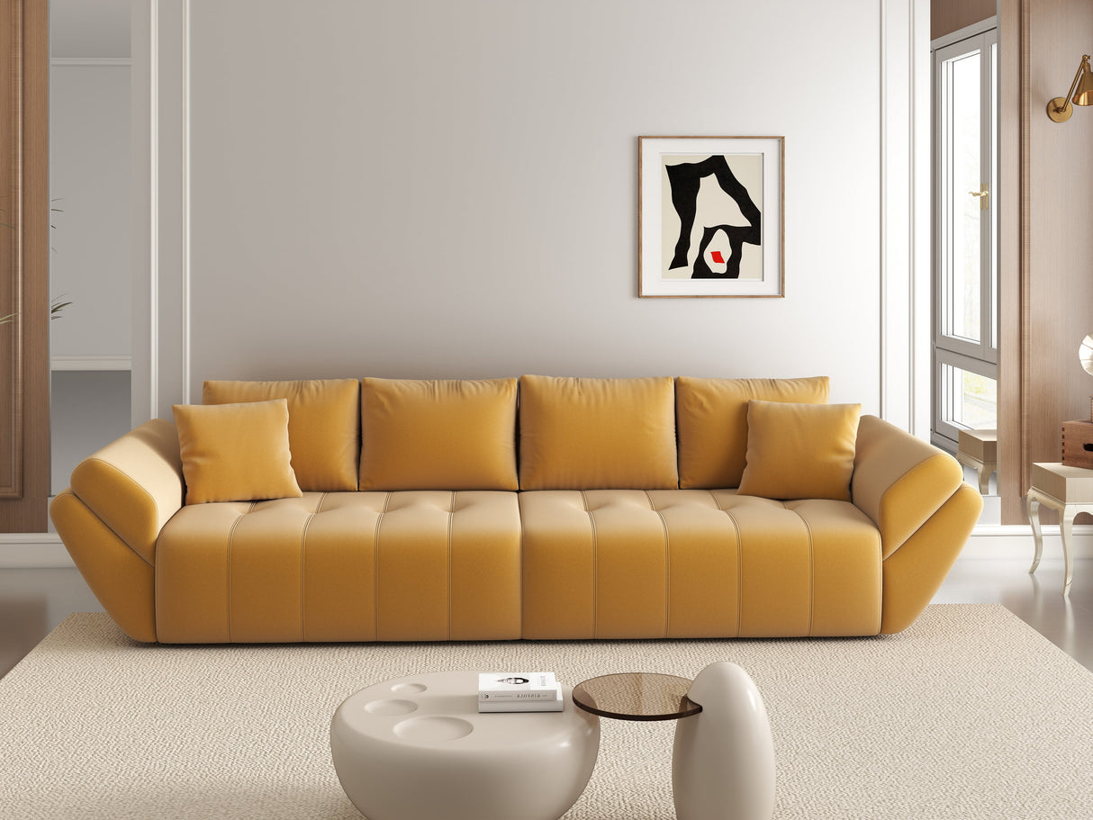 Canapea extensibilă dumonde cu ladă de depozitare si sezut confortabil din spuma HR, Berlin Royal Mustar 300x100 cm Fabrica
