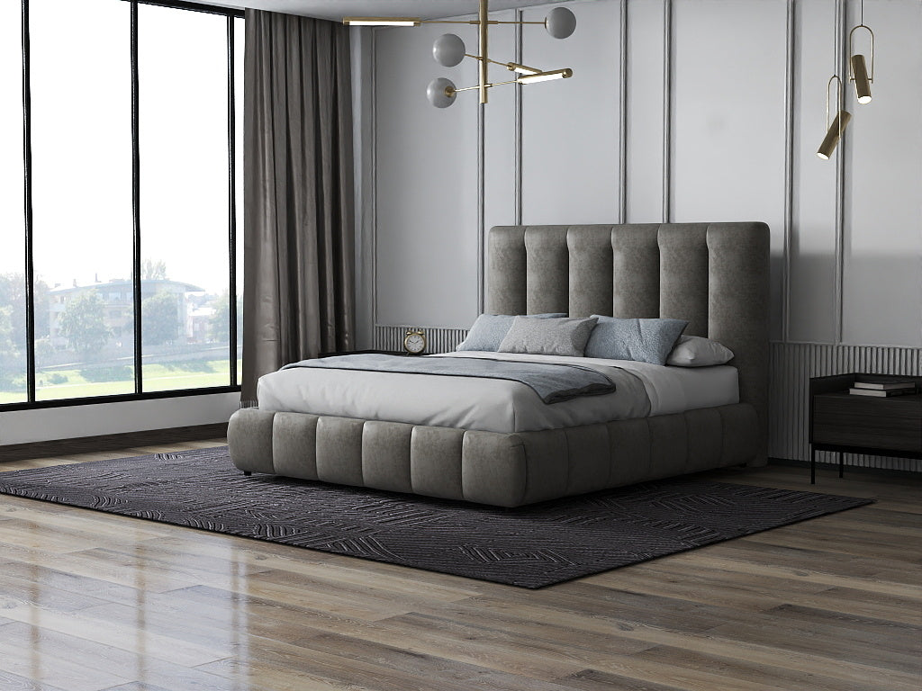 Pat dormitor dumonde, tapitat bej, Divaneo 140x200 cm, somiera rabatabila inclusa, spatiu depozitare