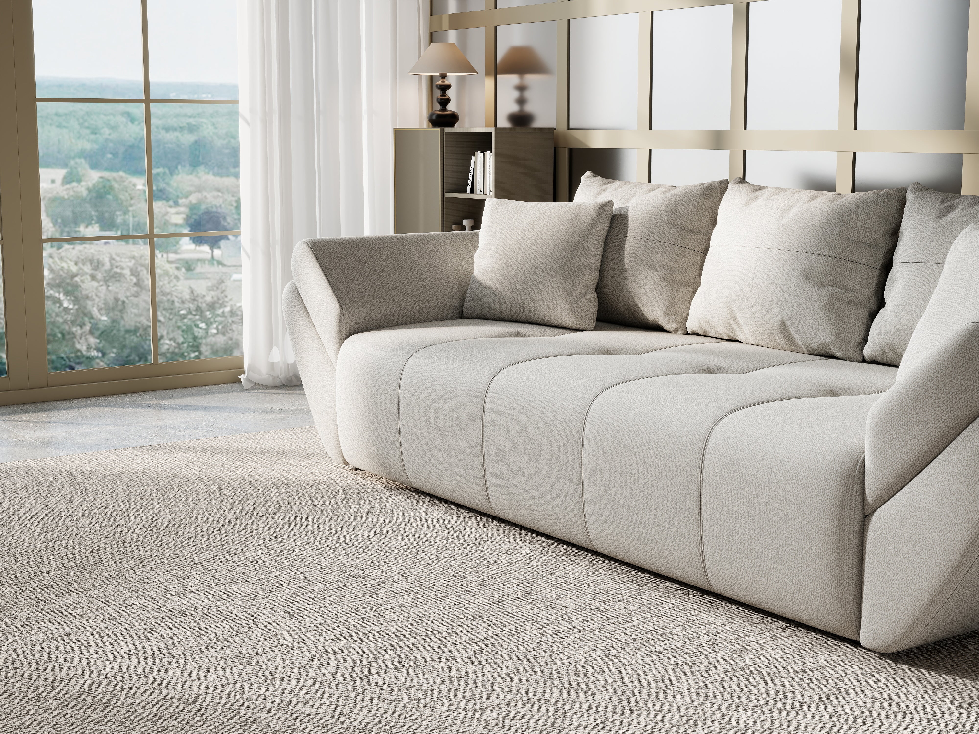 Canapea extensibilă dumonde cu ladă de depozitare si sezut confortabil din spuma HR, Berlin New Bej 250x100 cm Fabrica