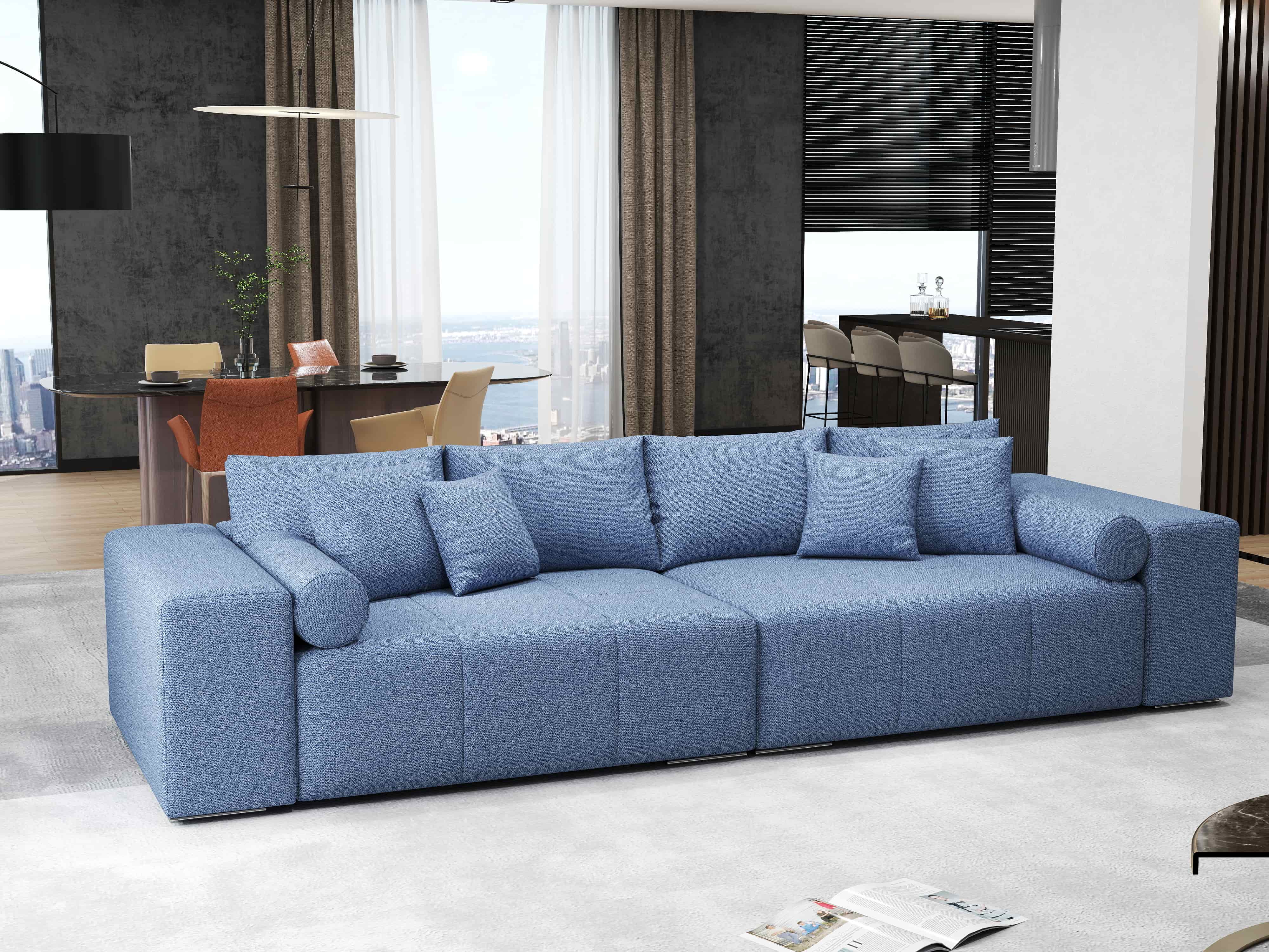 Canapea extensibilă dumonde cu ladă de depozitare si sezut confortabil din spuma HR, Marbela Enjoy Lux Blue XXL 295x100 cm fabrica