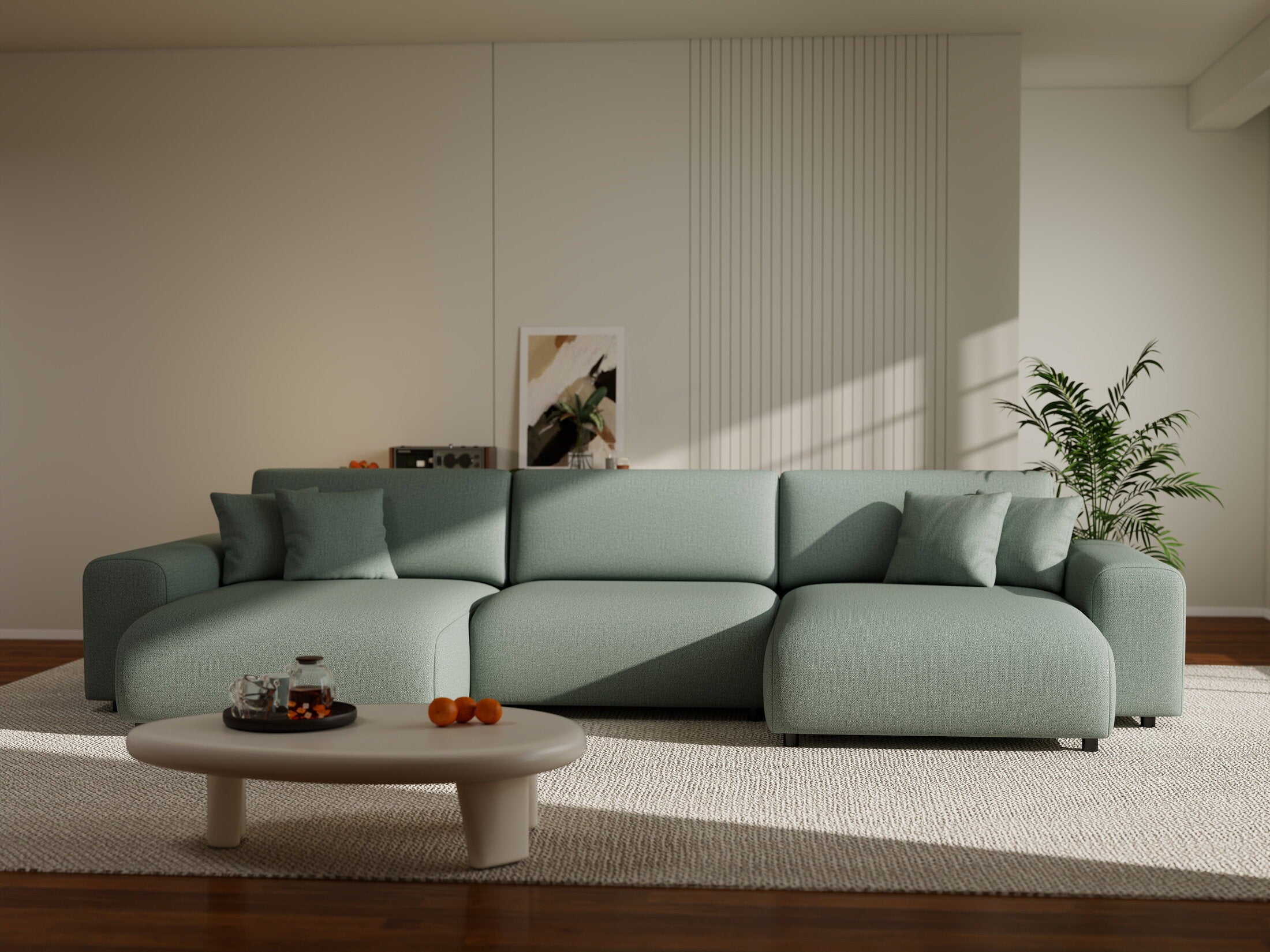 Colțar extensibil dumonde cu ladă de depozitare si sezut confortabil din spuma HR, Sarina U Enjoy Verde Mint 350x168 cm