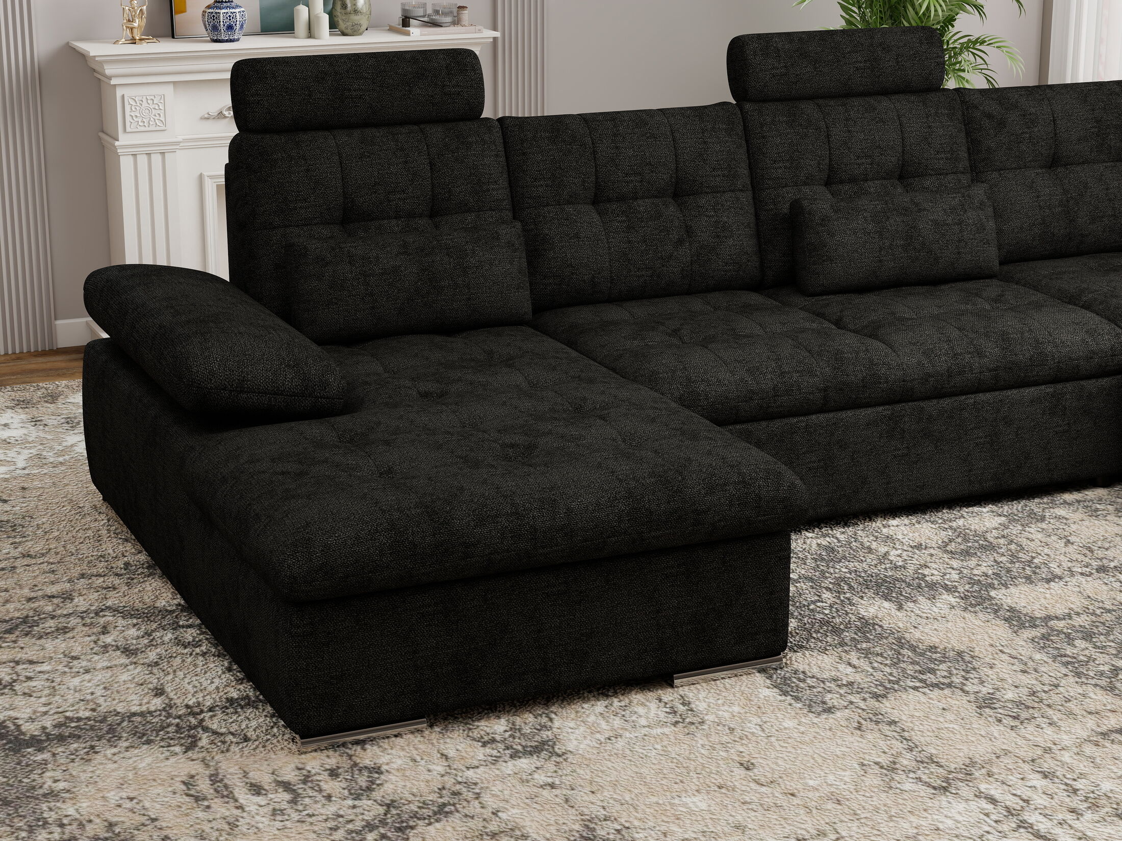 Colțar extensibil dumonde cu ladă de depozitare și șezut confortabil din spumă HR, Merkur U Enjoy Negru 324x218 cm