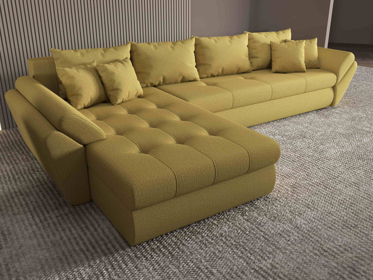 Colțar extensibil dumonde cu ladă de depozitare si sezut confortabil din spuma HR, Loana XL Enjoy Melon 335x185 cm Fabrica