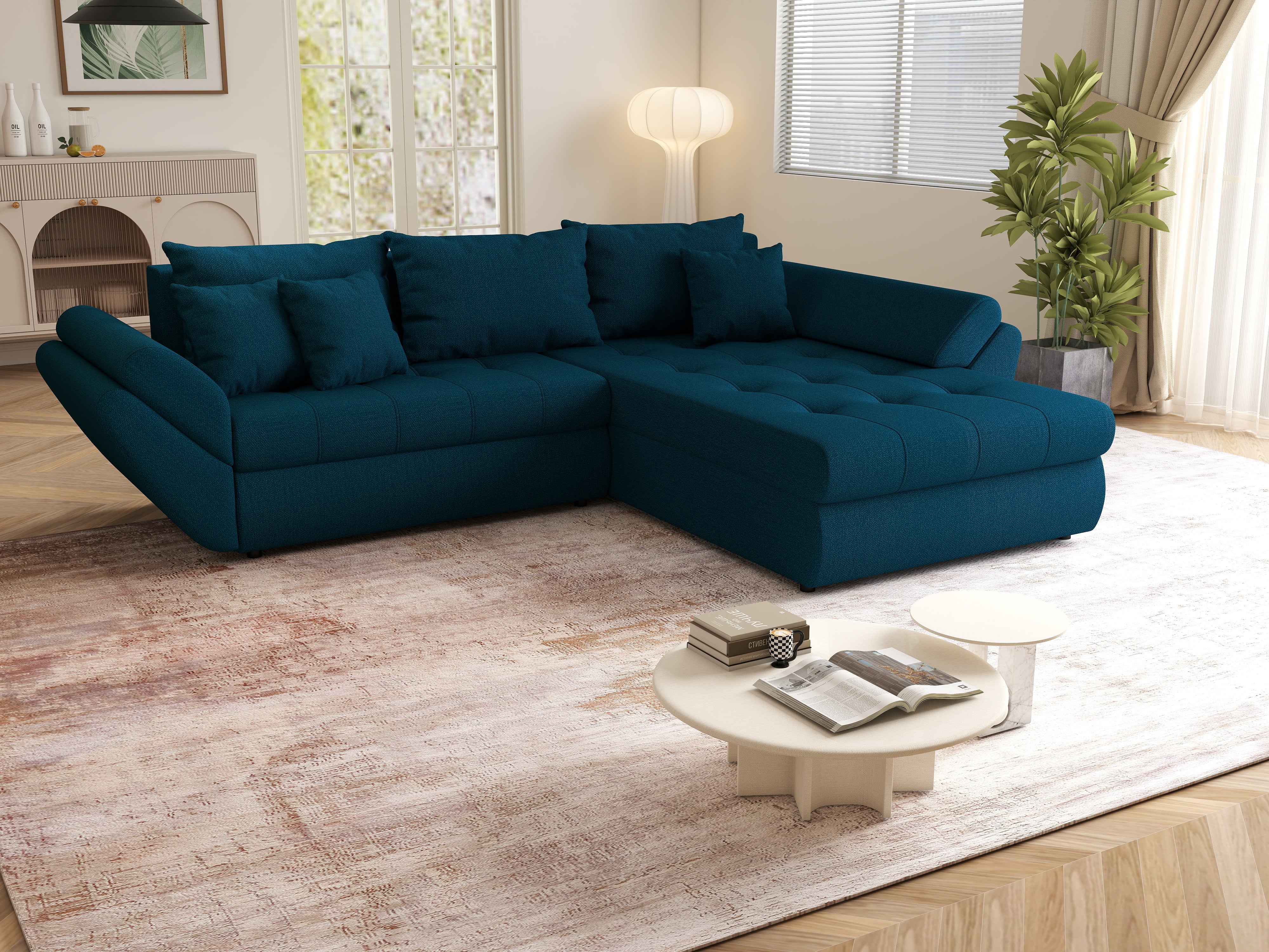 Colțar extensibil dumonde cu ladă de depozitare si sezut confortabil din spuma HR, Loana Petrol Green II 270x185 cm Fabrica