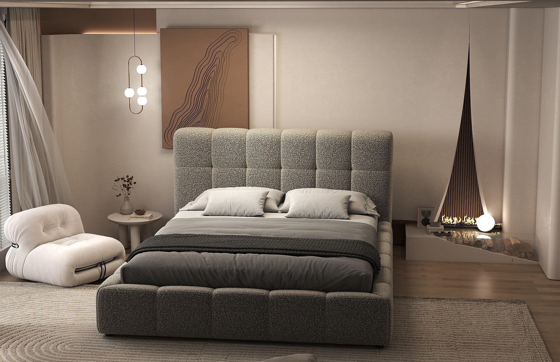 Pat dormitor dumonde, tapitat gri, Lorenzo 140x200 cm, somiera rabatabila inclusa, spatiu depozitare