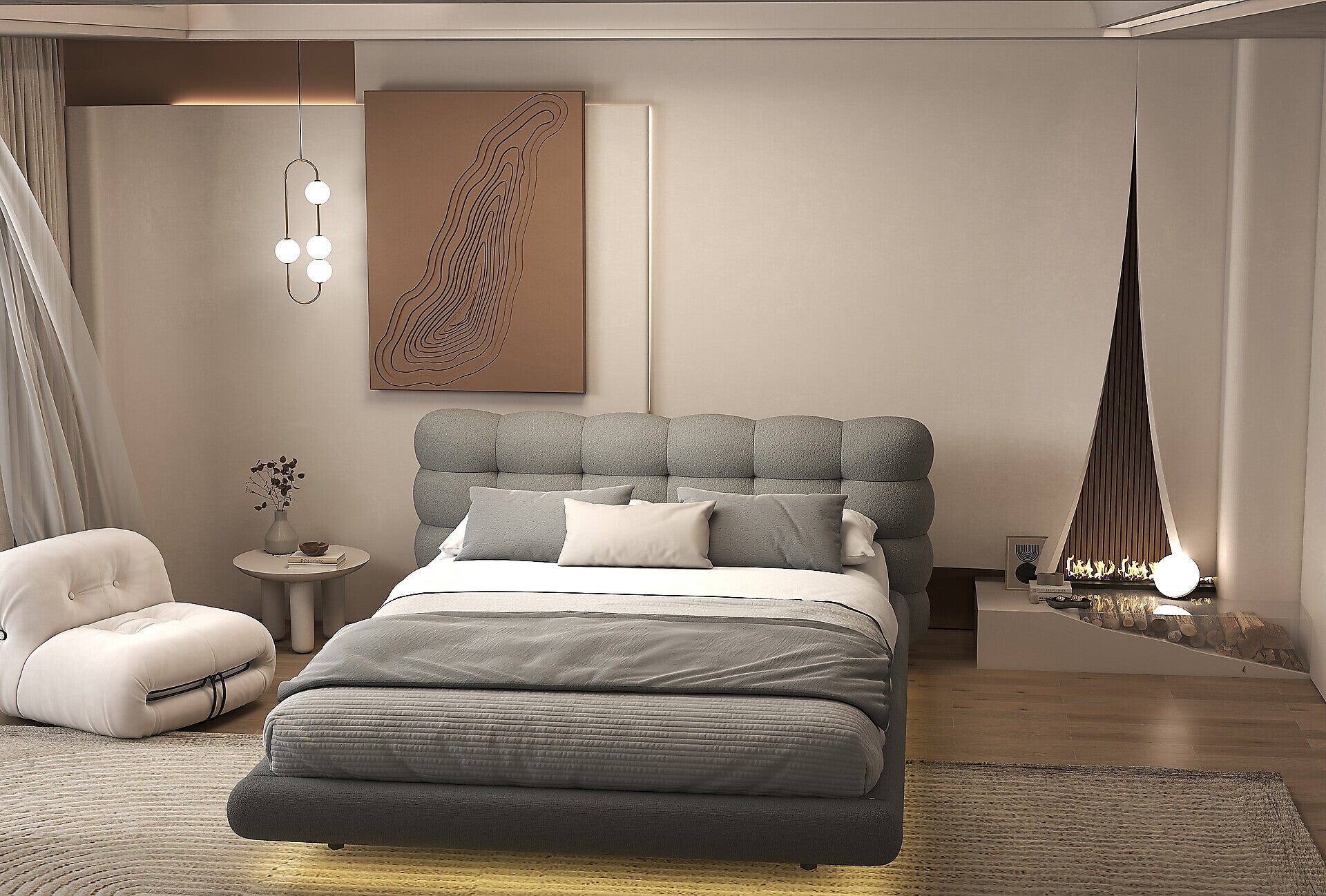 Pat dormitor dumonde, tapitat gri cu LED, "floating bed" Cloud 140x200 cm, somiera inclusa