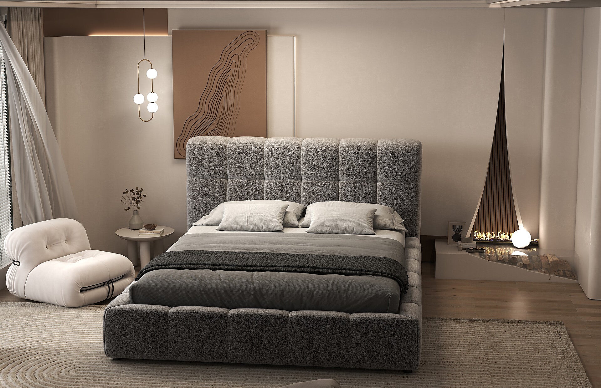 Pat dormitor dumonde, tapitat alb, Lorenzo 160x200 cm, somiera rabatabila inclusa, spatiu depozitare