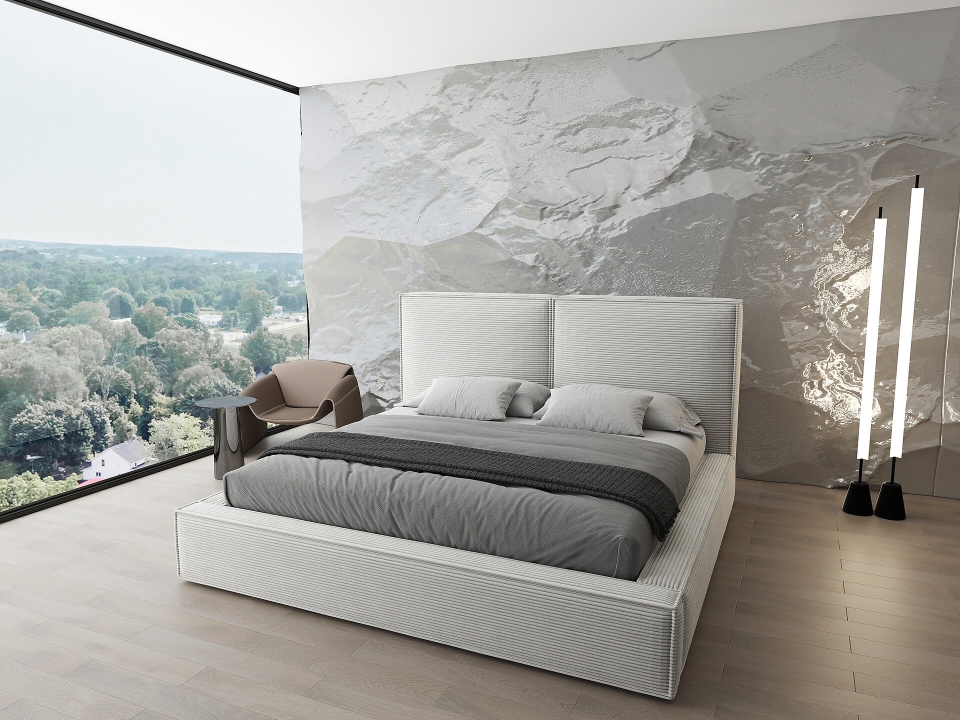 Pat dormitor dumonde, tapitat bej, Dreamer 160x200 cm, somiera rabatabila inclusa, spatiu depozitare