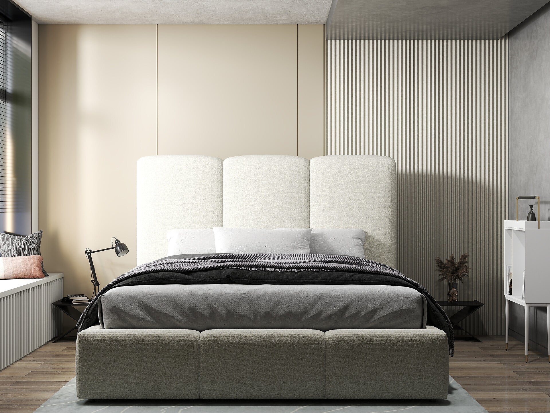 Pat dormitor dumonde, tapitat bej, Dinasty 160x200 cm, somiera rabatabila inclusa, spatiu depozitare