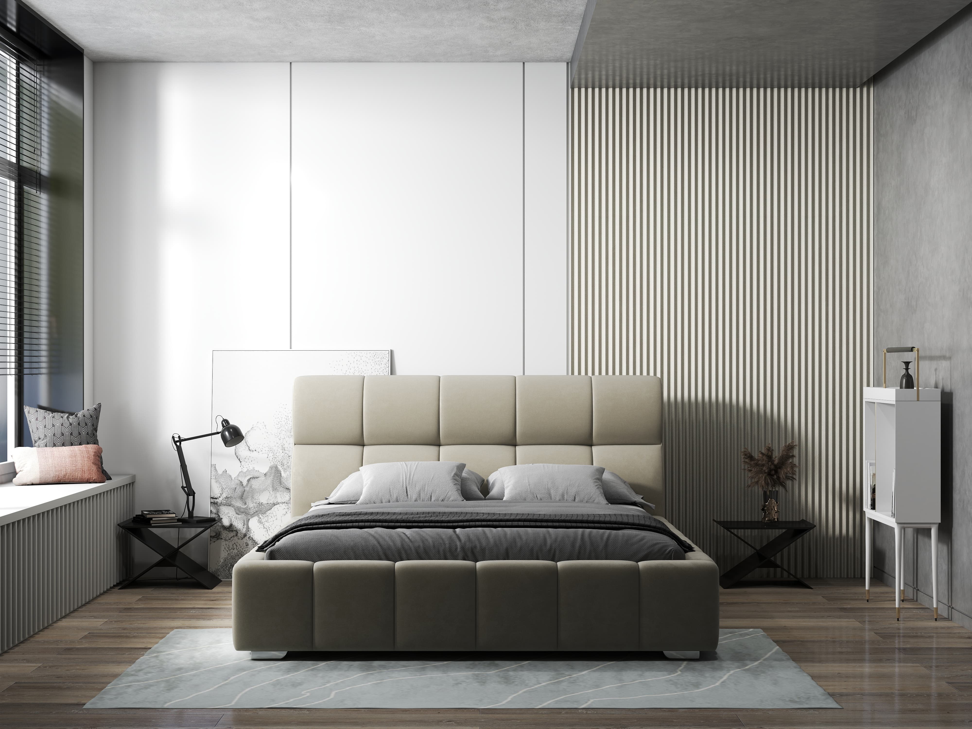 Pat dormitor dumonde, tapitat bej, Prestige 160x200 cm, somiera rabatabila inclusa, spatiu depozitare