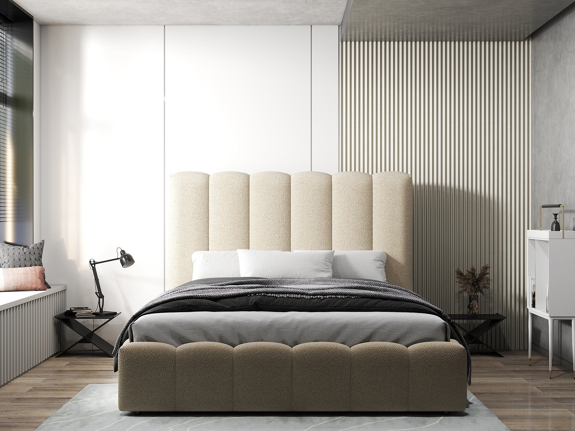 Pat dormitor dumonde, tapitat bej, Milano 160x200 cm, somiera rabatabila inclusa, spatiu depozitare