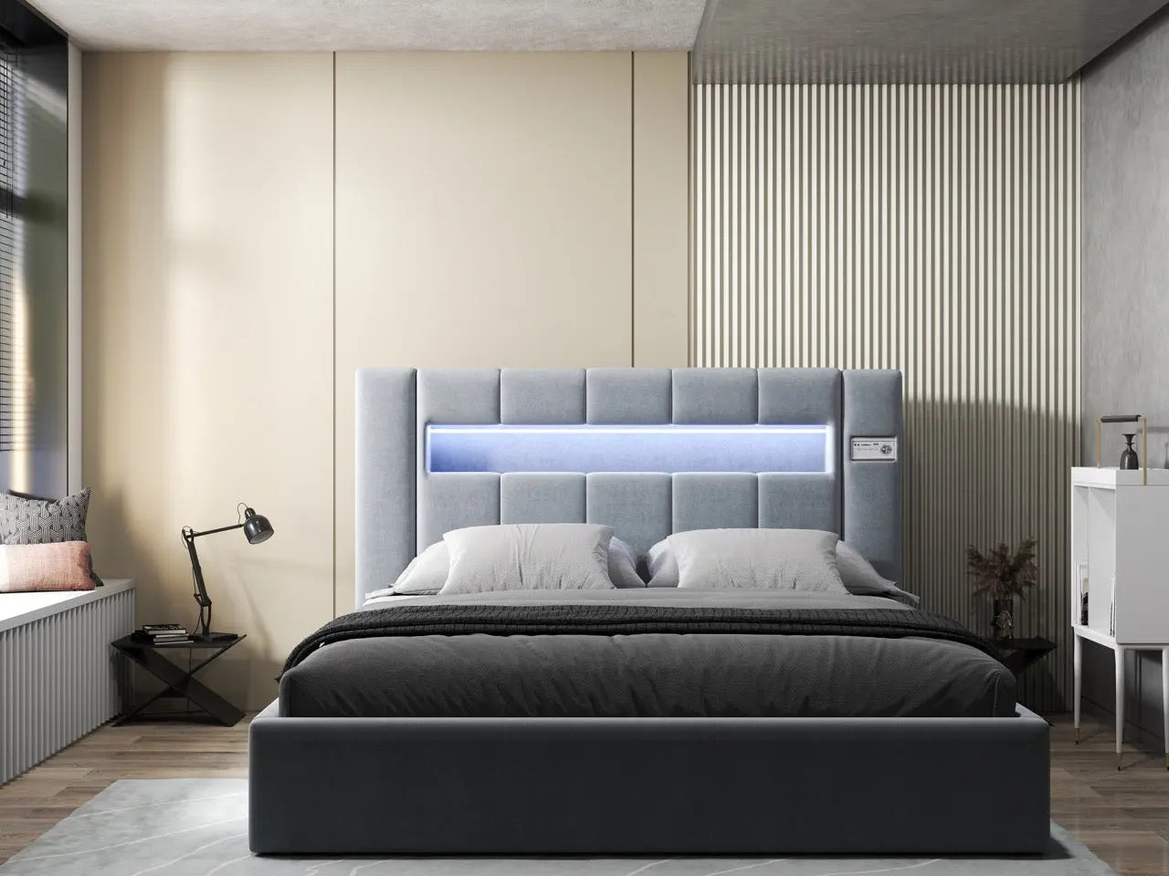 Pat dormitor dumonde, tapitat gri, Glow 180x200 cm, somiera rabatabila inclusa, spatiu depozitare WLS