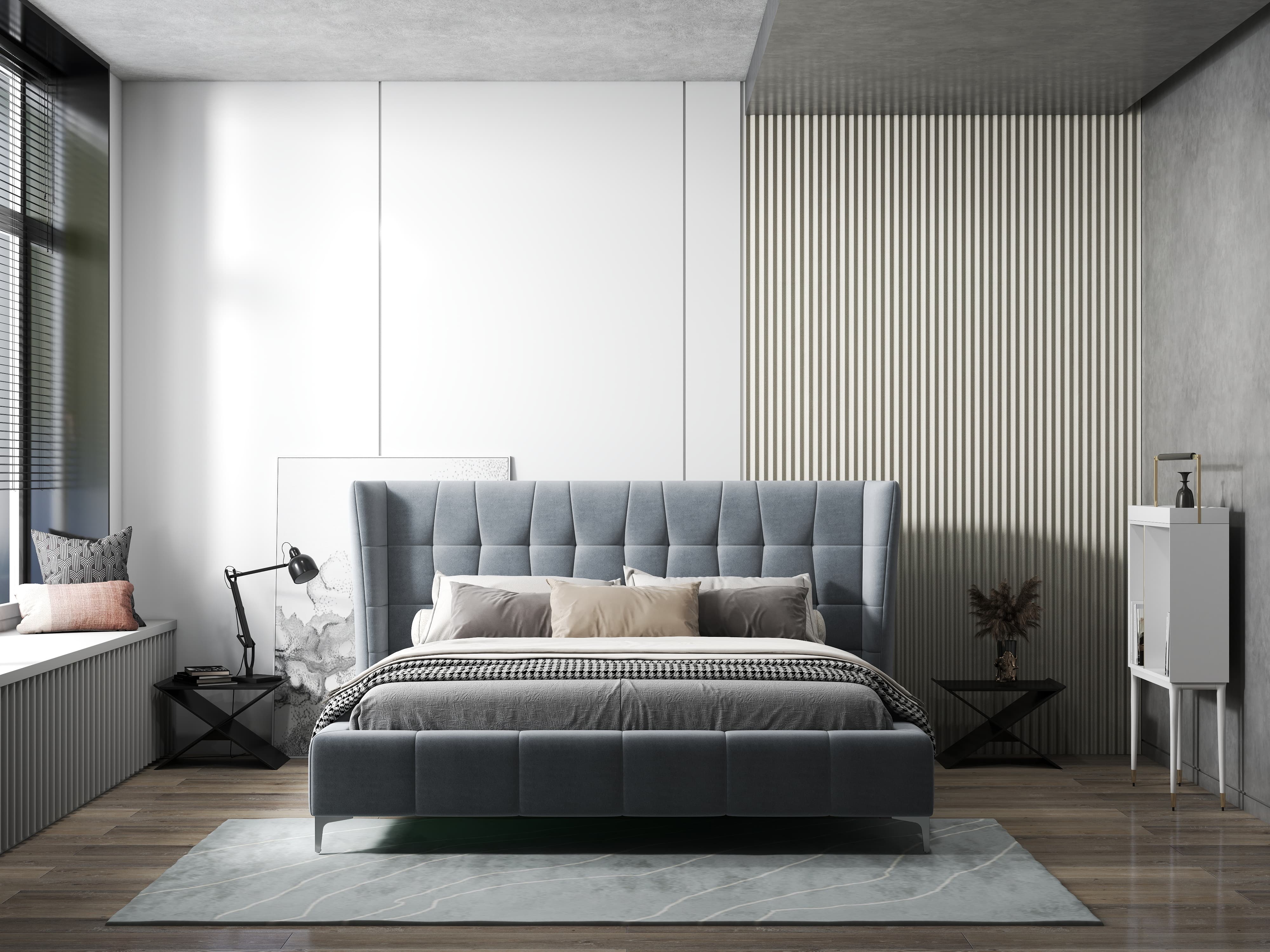 Pat dormitor dumonde, tapitat gri, Bellagio 160x200 cm, somiera fixa inclusa