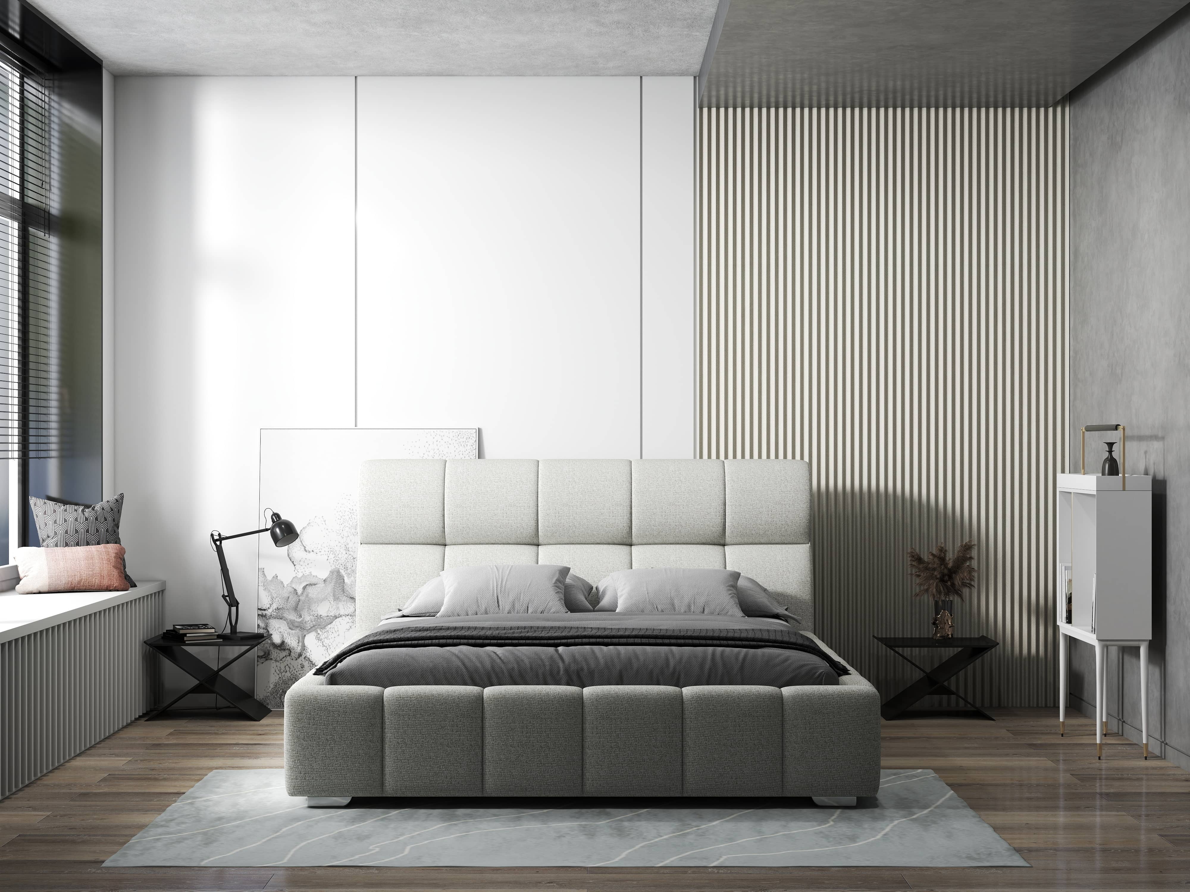 Pat dormitor dumonde, tapitat bej, Prestige 180x200 cm, somiera rabatabila inclusa, spatiu depozitare
