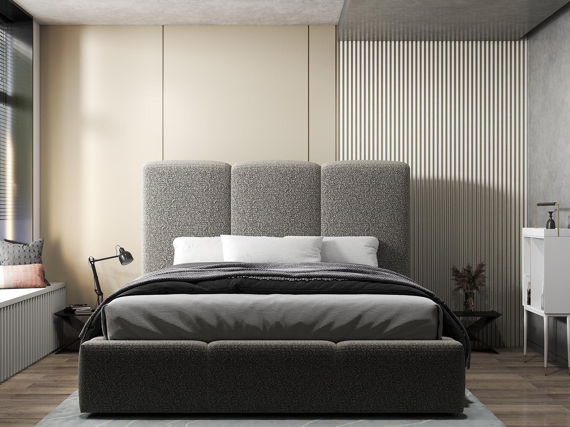 Pat dormitor dumonde, tapitat gri, Dinasty 160x200 cm, somiera rabatabila inclusa, spatiu depozitare