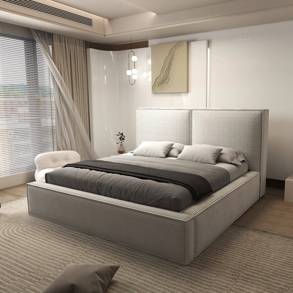 Pat dormitor dumonde, tapitat gri, Dreamer 180x200 cm, somiera rabatabila inclusa, spatiu depozitare