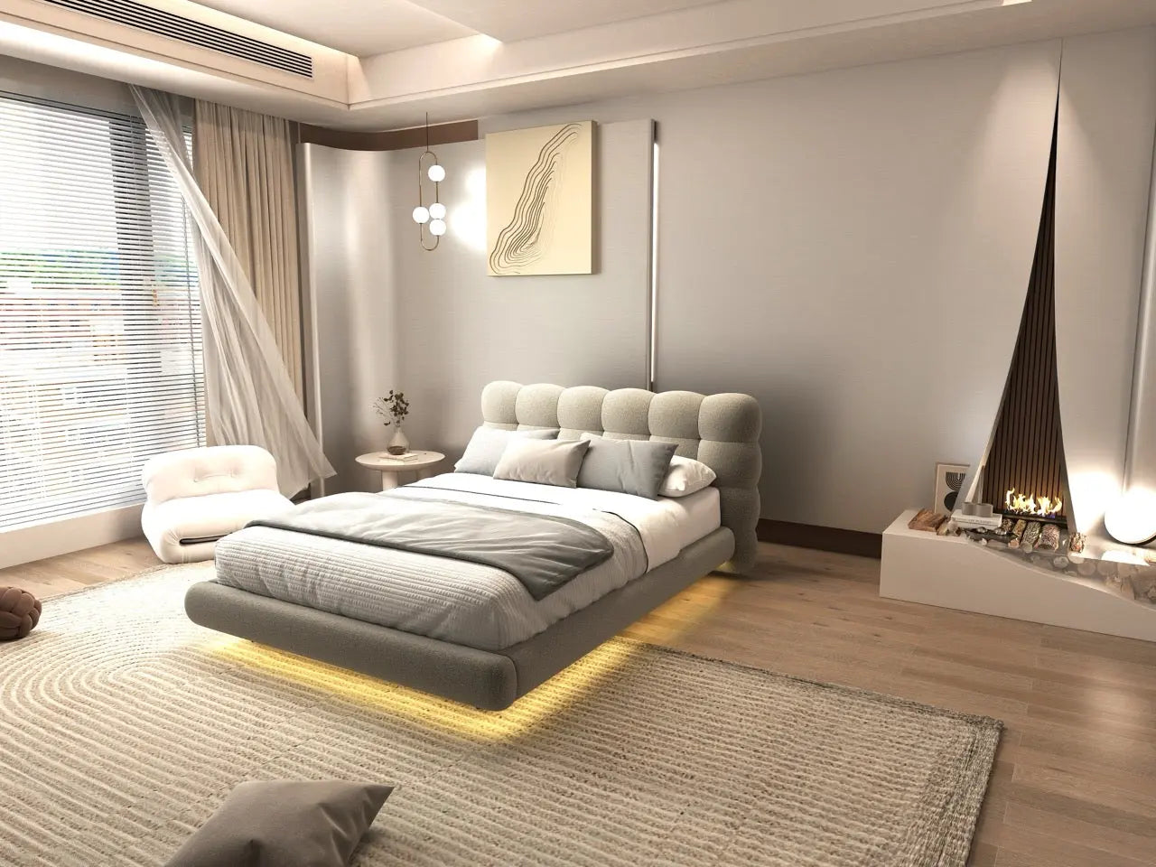 Pat dormitor dumonde, tapitat bej cu LED, "floating bed" Cloud 160x200 cm, somiera inclusa WLS