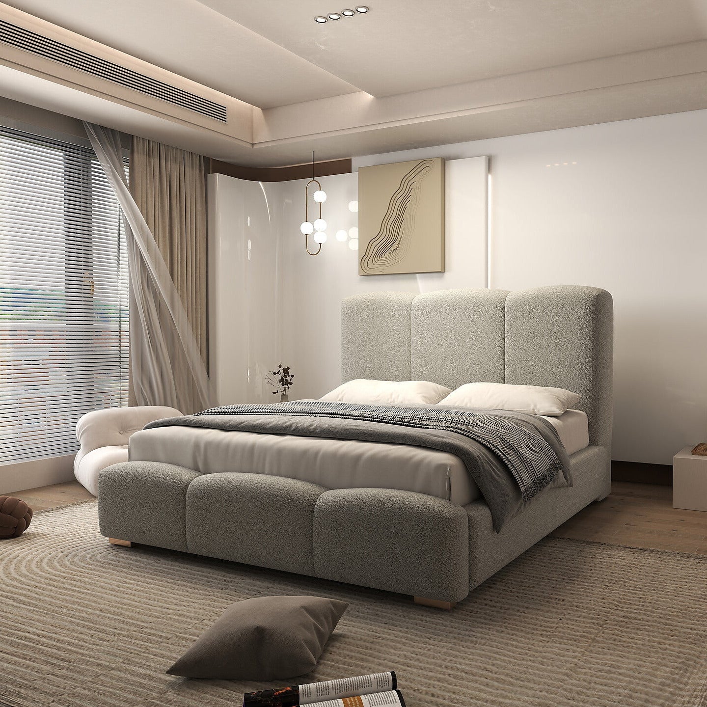 Pat dormitor dumonde, tapitat gri, Havana 160x200 cm, somiera rabatabila inclusa, spatiu depozitare