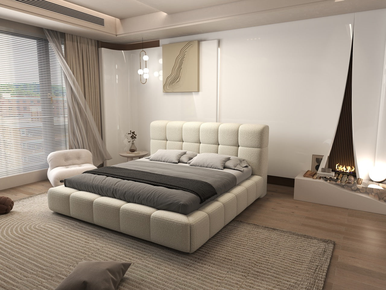 Pat dormitor dumonde, tapitat bej, Lorenzo 160x200 cm, somiera rabatabila inclusa, spatiu depozitare WLS