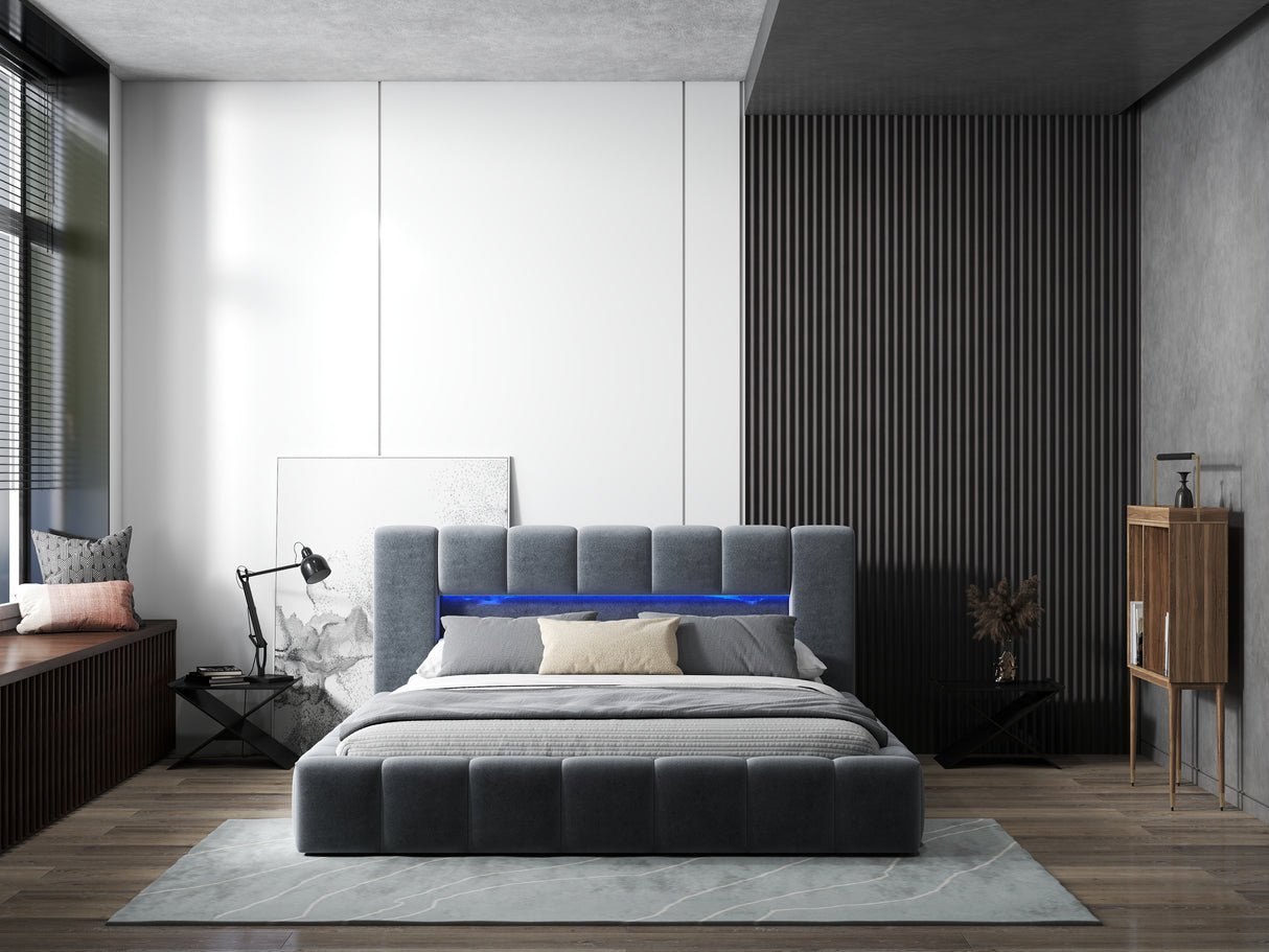 Pat dormitor dumonde, tapitat gri cu LED si USB, Palermo 160x200 cm, somiera rabatabila inclusa, spatiu depozitare