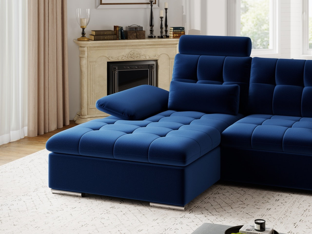 Colțar extensibil dumonde cu ladă de depozitare și șezut confortabil din spumă HR, Merkur Royal Albastru Navy 270x168 cm