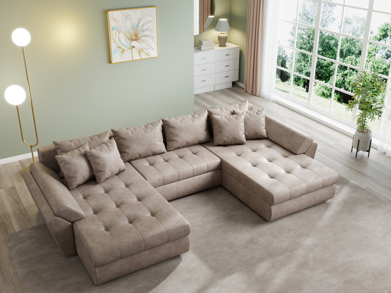 Colțar extensibil dumonde cu ladă de depozitare si sezut confortabil din spuma HR, Loana U Tobago Brown 355x185 cm