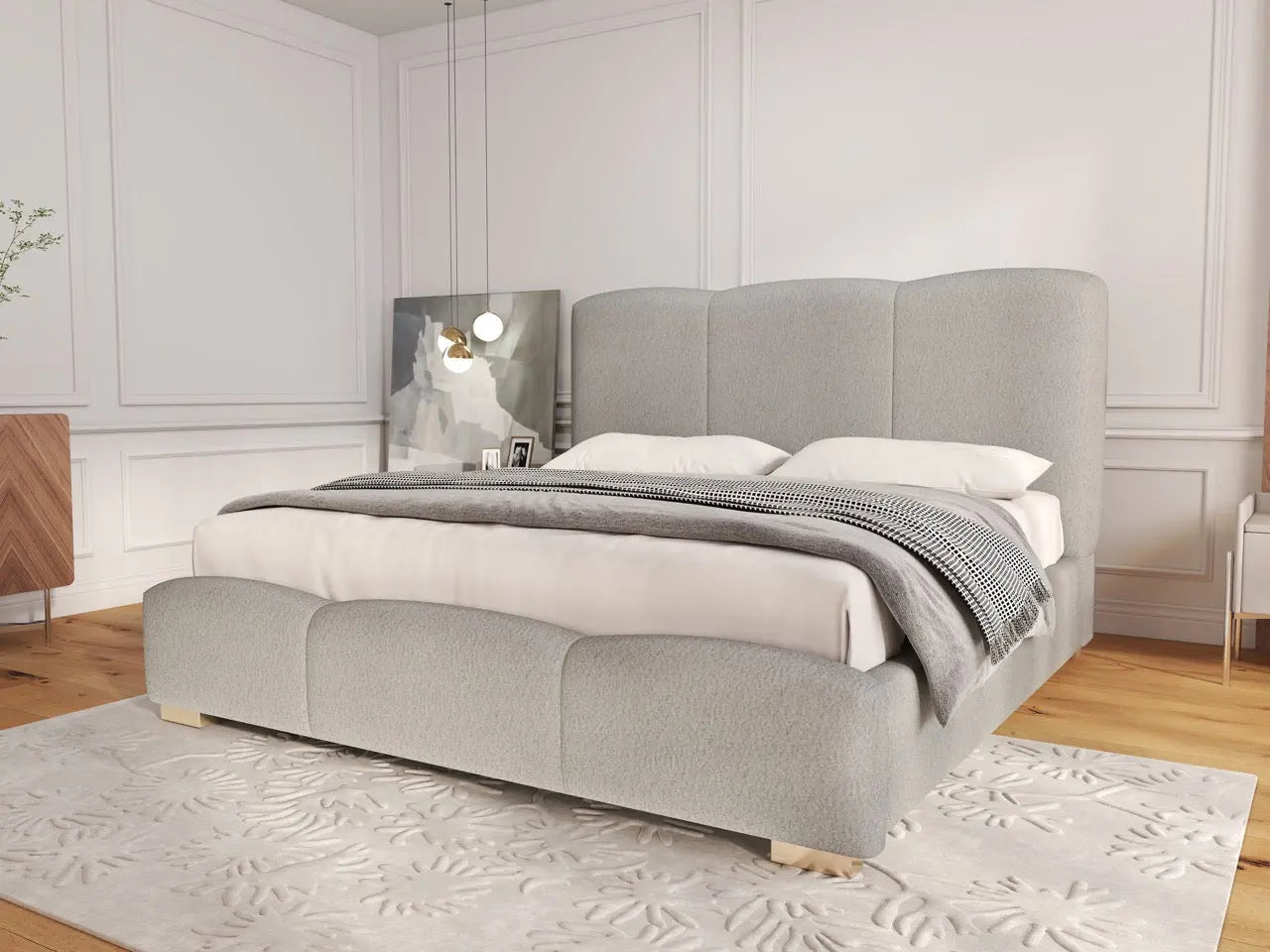 Pat dormitor dumonde, tapitat alb, Havana 180x200 cm, somiera rabatabila inclusa, spatiu depozitare WLS