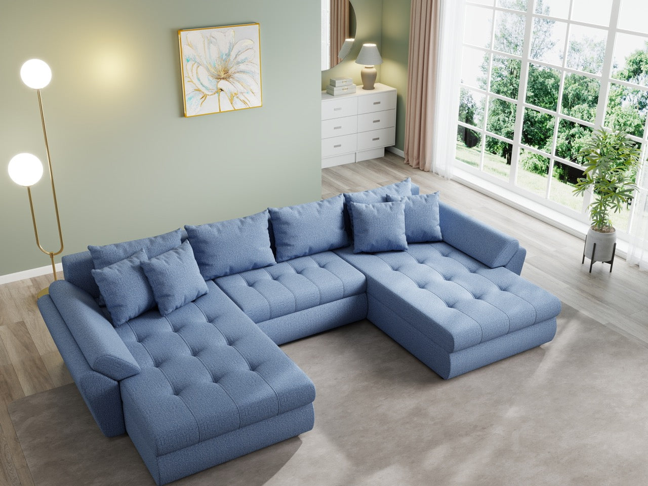 Colțar extensibil  dumonde cu ladă de depozitare si sezut confortabil din spuma HR, Loana U Enjoy Blue 355x185 cm