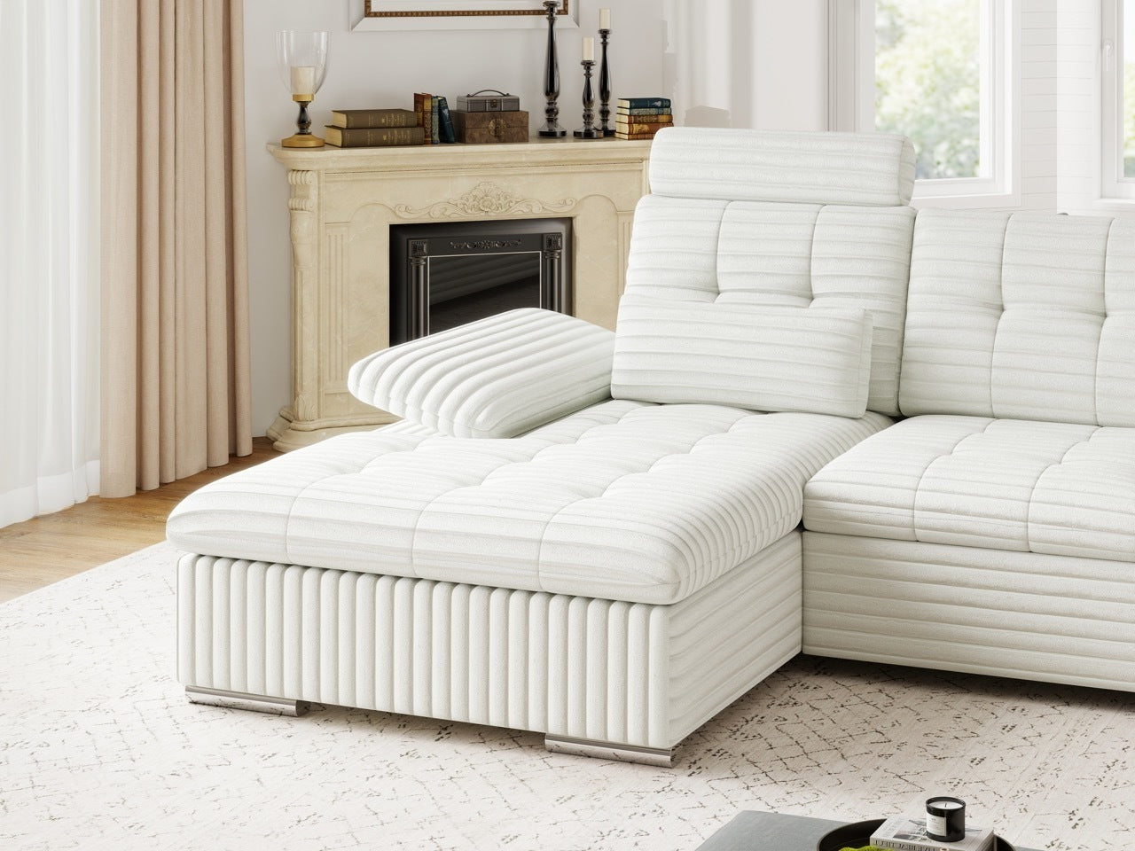 Colțar extensibil dumonde cu ladă de depozitare și șezut confortabil din spumă HR, Merkur Ambience Alb 270x168 cm